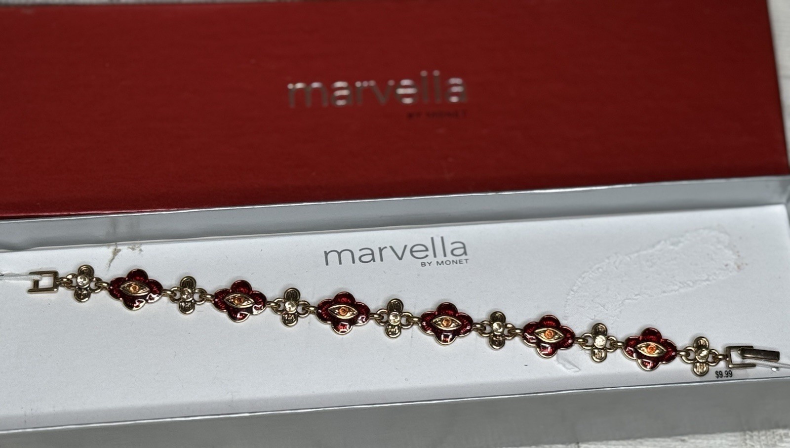 Vtg Signed Marvella Monet Gold Tone Floral Enamel Bracelet Flowers Red