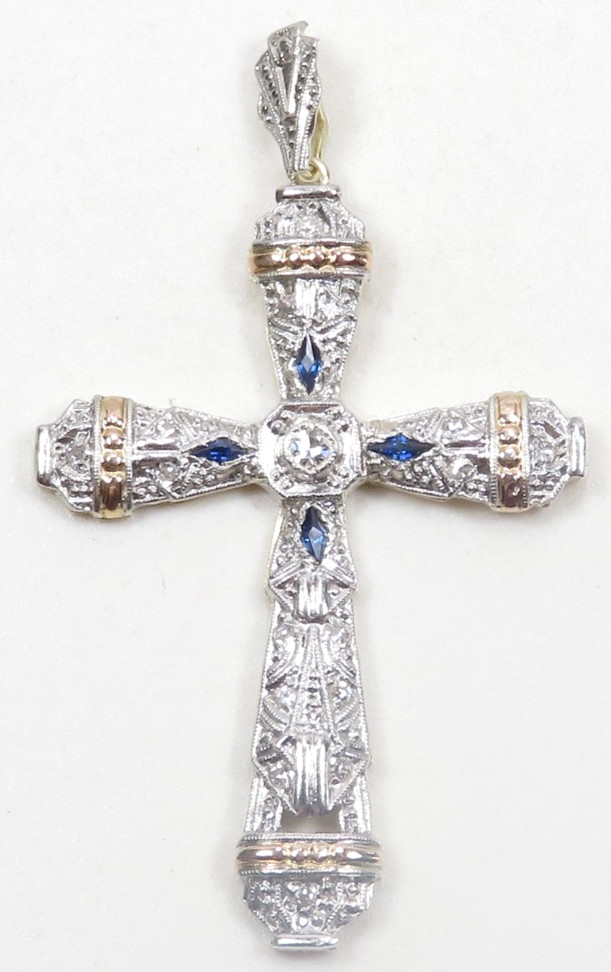 Antique Art Deco 1920’s Diamond Cross Platinum 14KY Rose Gold 19.13″ x 1.12″