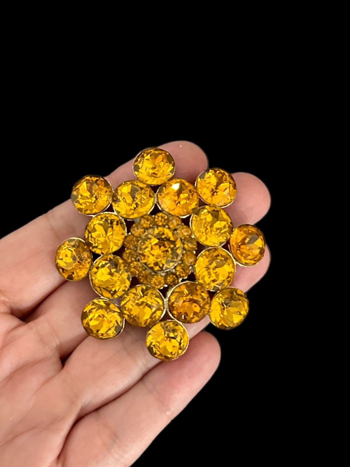 Vintage Large Facet Orange Topaz Rhinestone Open Back Brooch Pin