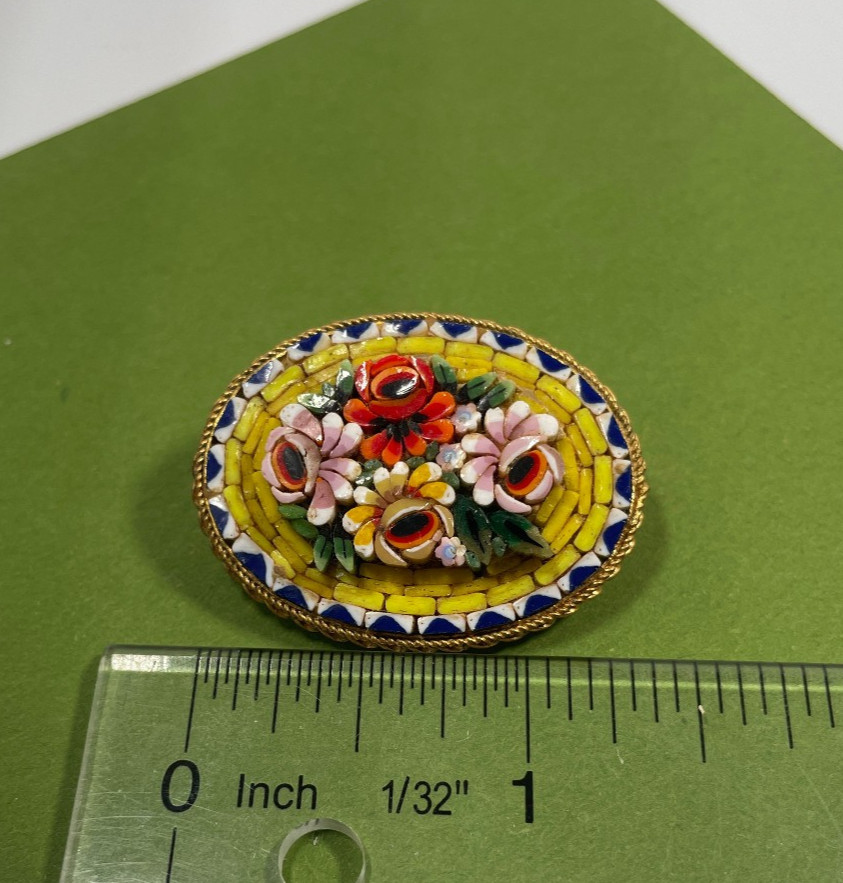 Vintage Italian Micro Mosaic Pin Brooch Flowers Roses Jewelry Italy
