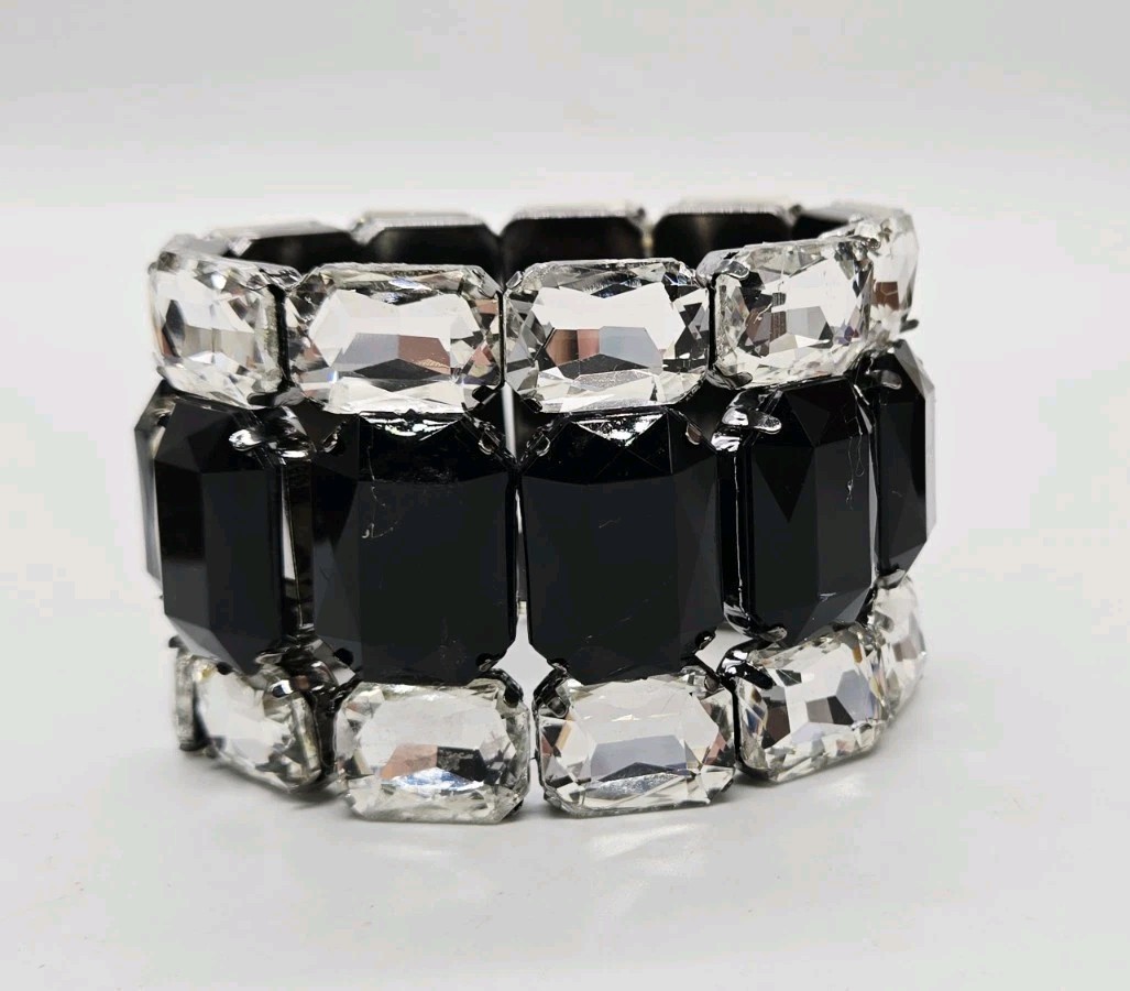 Art Deco Stretch Bracelet Silver tone Rhinestone WIDE OSFM Black White One Size