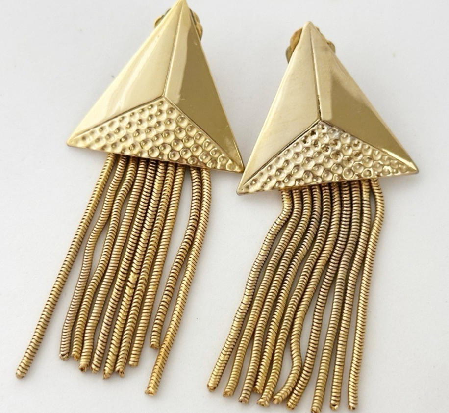 Vintage 80s Gold Tone Triangle Fringe Tassel Runway Dangle Earrings