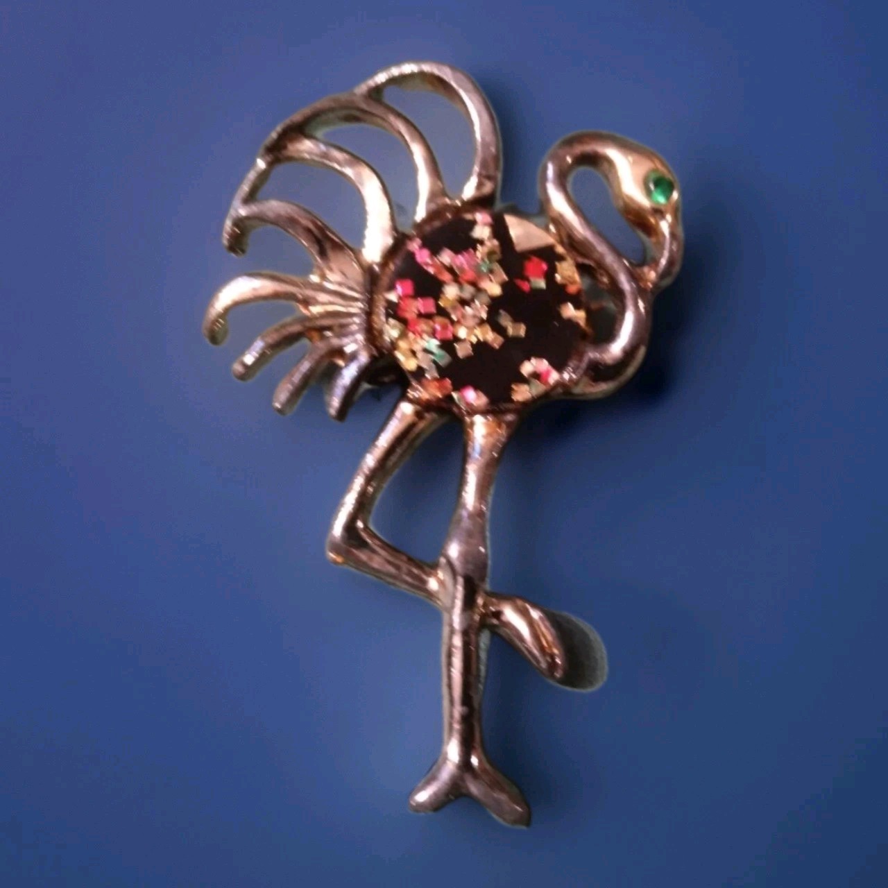 Brooch Pin Flamingo Bird Enamel Metal Bird Colorful Glitter Green Rhinestone Eye