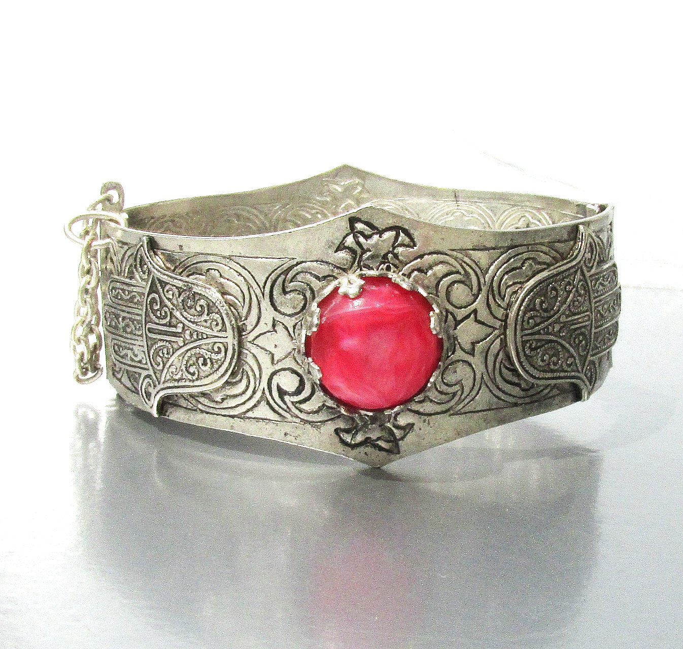 Vintage Hamsa & Camels Hinged Silver-Tone Cuff Bracelet, RED Cabochons