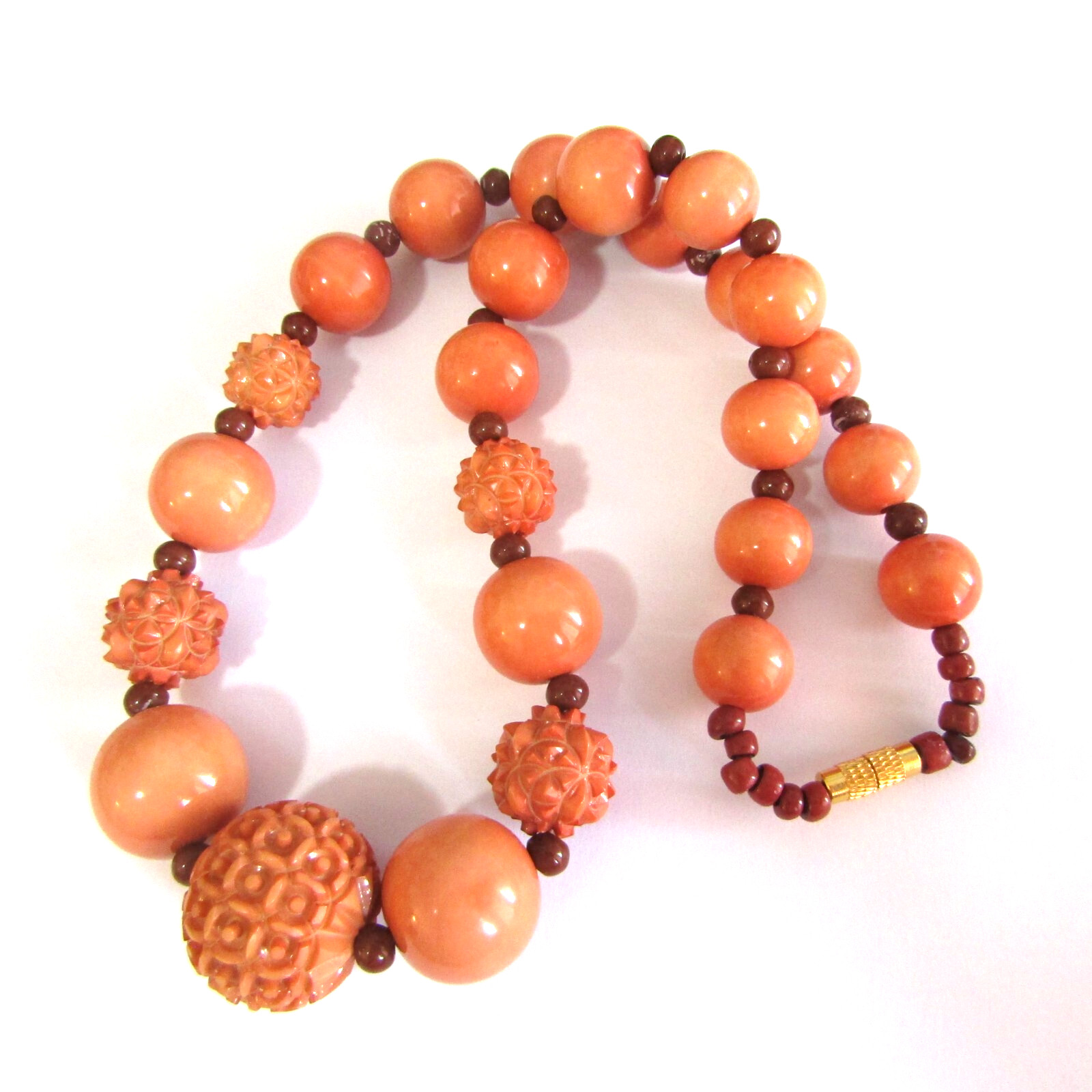Vintage Graduated Coral Orange Carved Bakelite Bead Necklace 10*20mm*18 inch