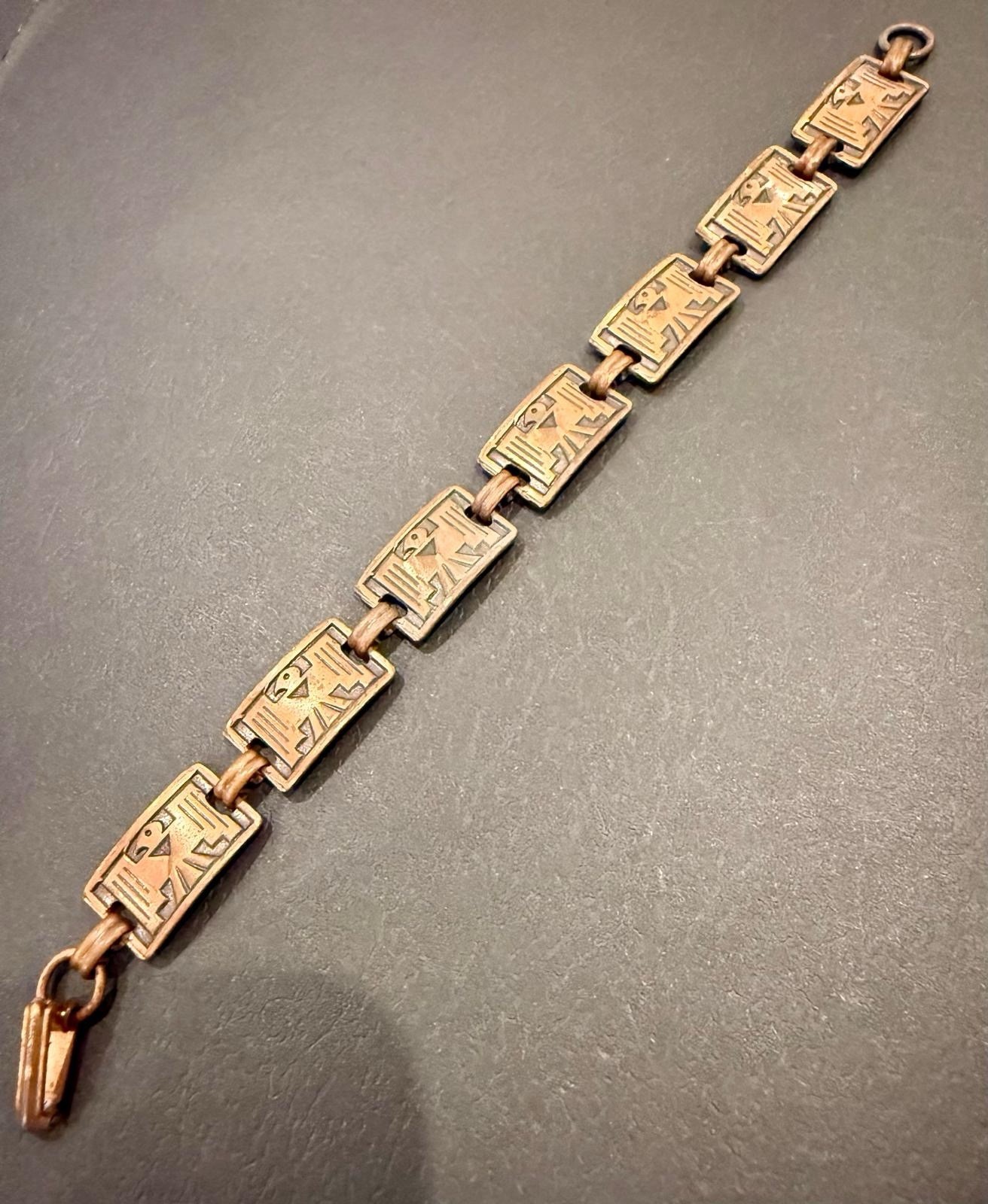 Vintage Native American Thunderbird Panel Copper Link Bracelet 19cm.