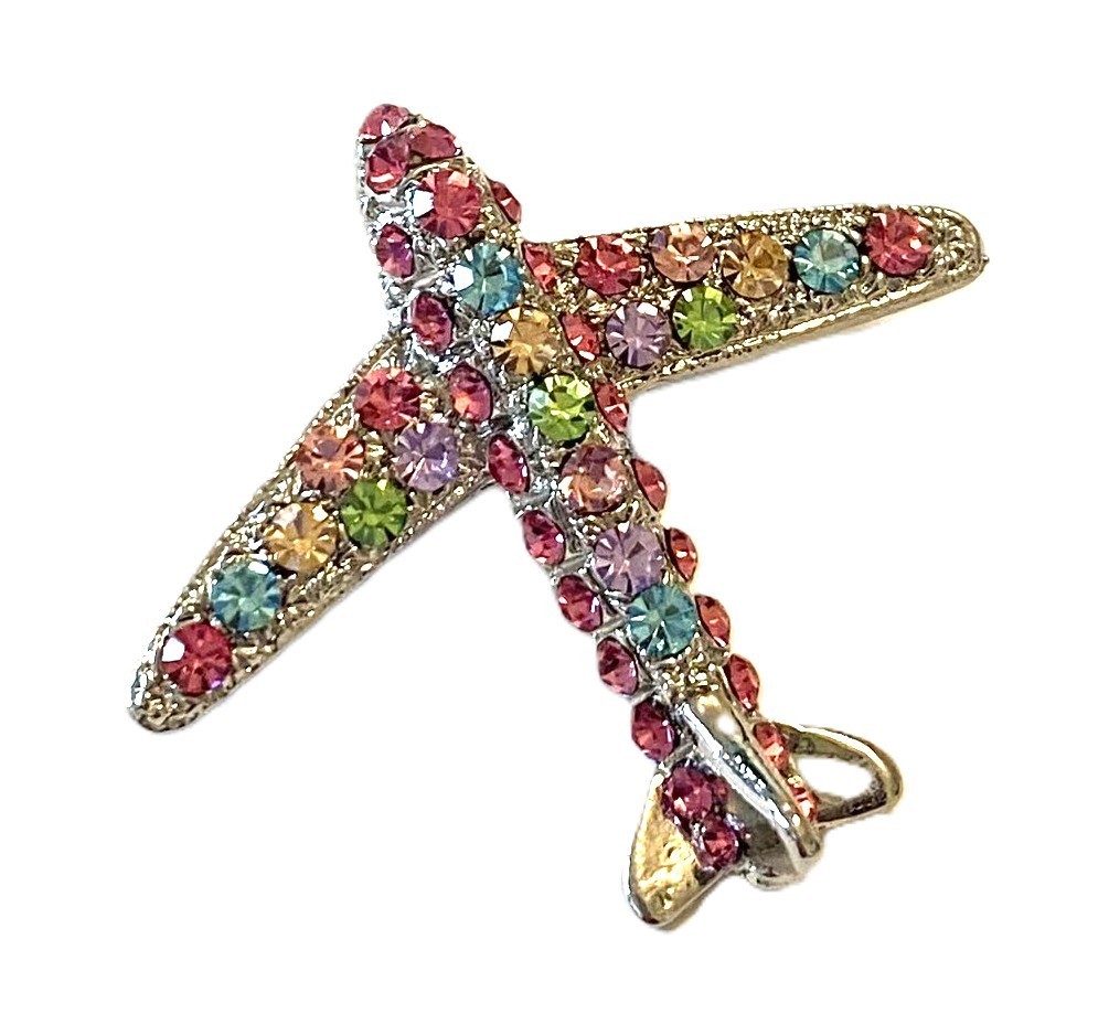 PLANE BROOCH! Signed Figural Pin!Rainbow Multi-Color Crystal Plane!Silver Plated