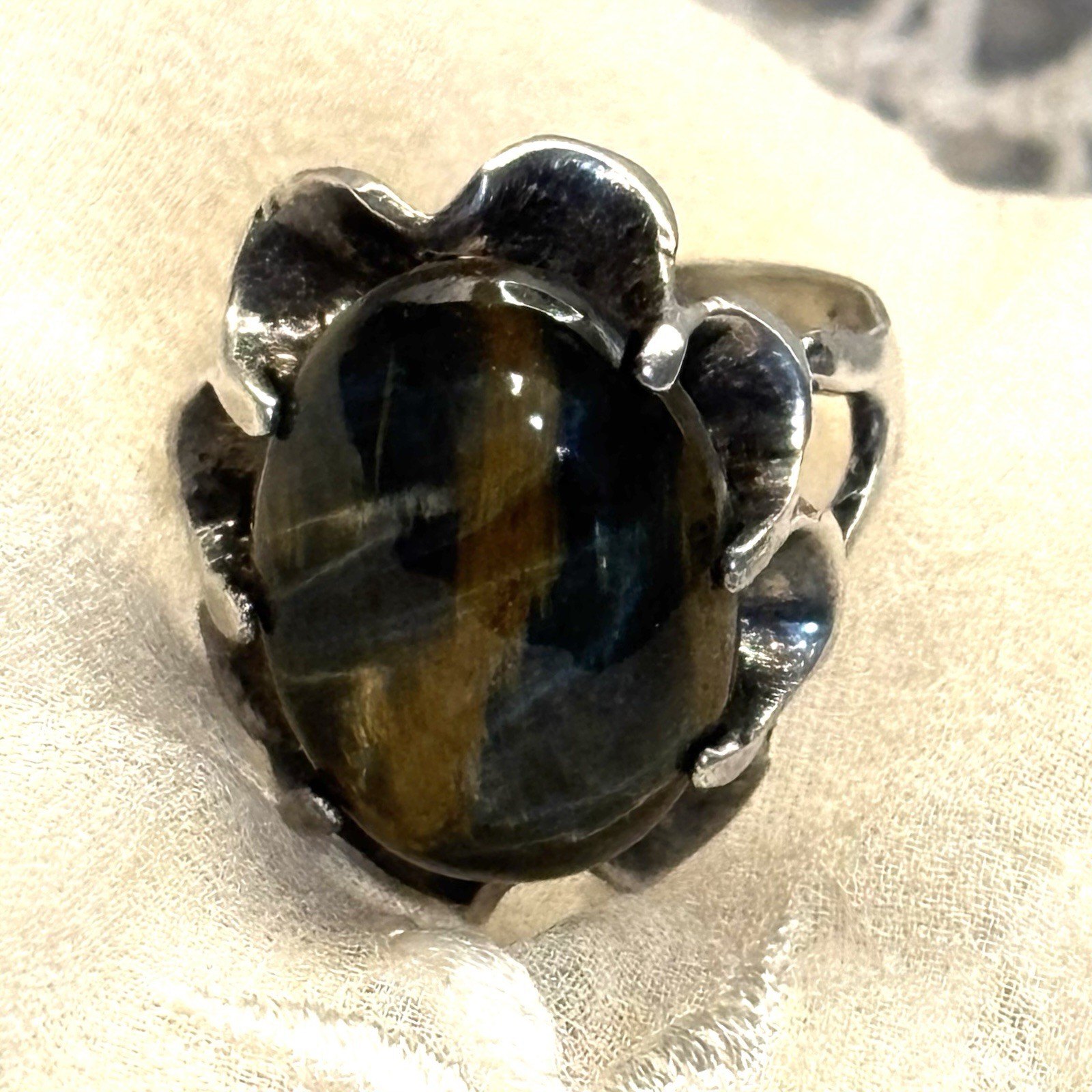 Tigers Eye Ring Cabochon 925 Silver Cocktail Statement Size 7 VTG