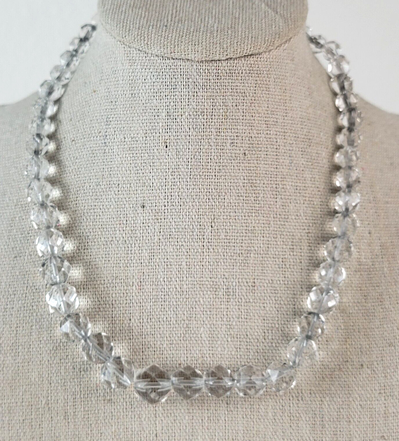 Vintage Sterling Silver Clear Crystal Graduated Beaded Necklace 15″ Spring Ring