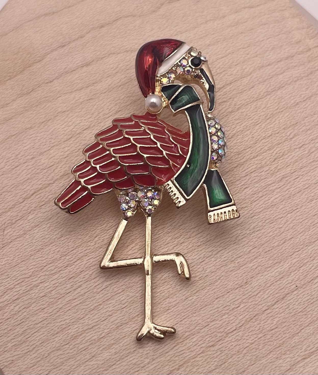 Vintage Christmas Flamingo Aurora Borealis Rhinestone Santa Hat Goldtone Brooch