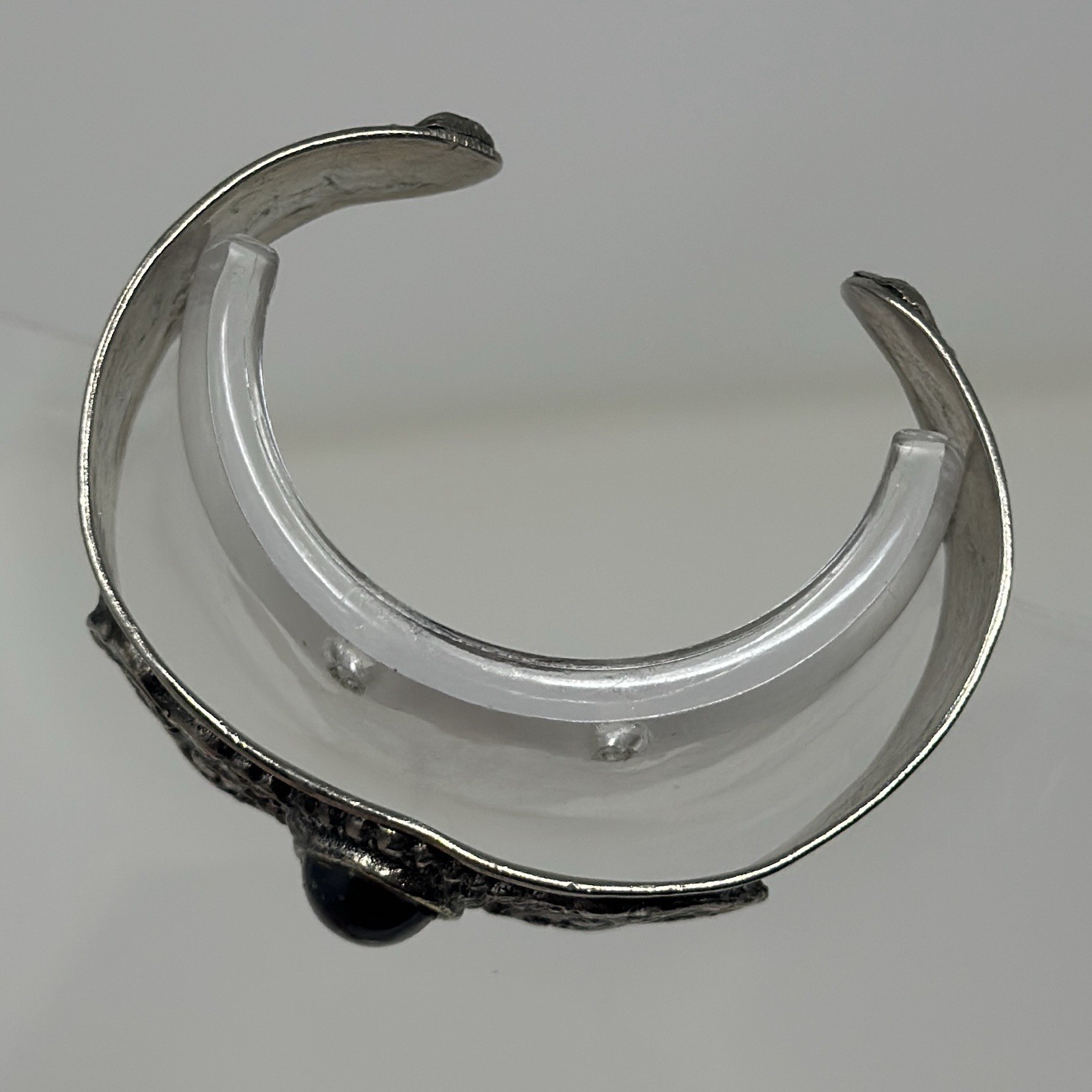 Vintage Silver Tone Nickel Silver Black Onyx Cabochon Wide Open Cuff Bracelet