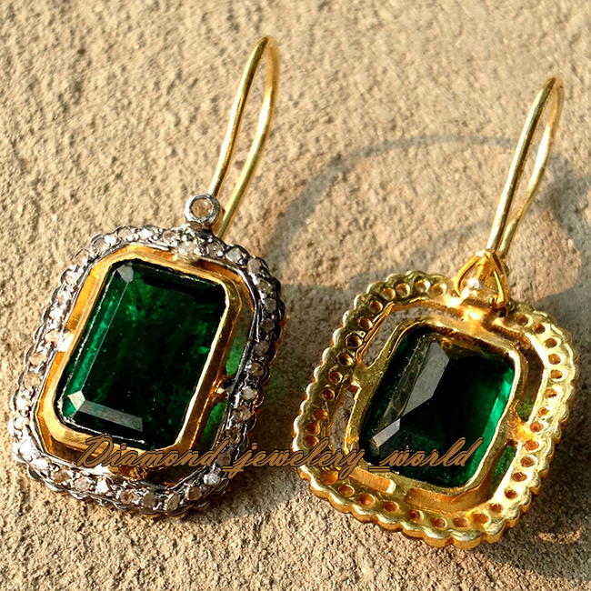 1.67ctw Rose Cut Diamond Emerald Studded Silver Vintage Stunning Earring Jewelry
