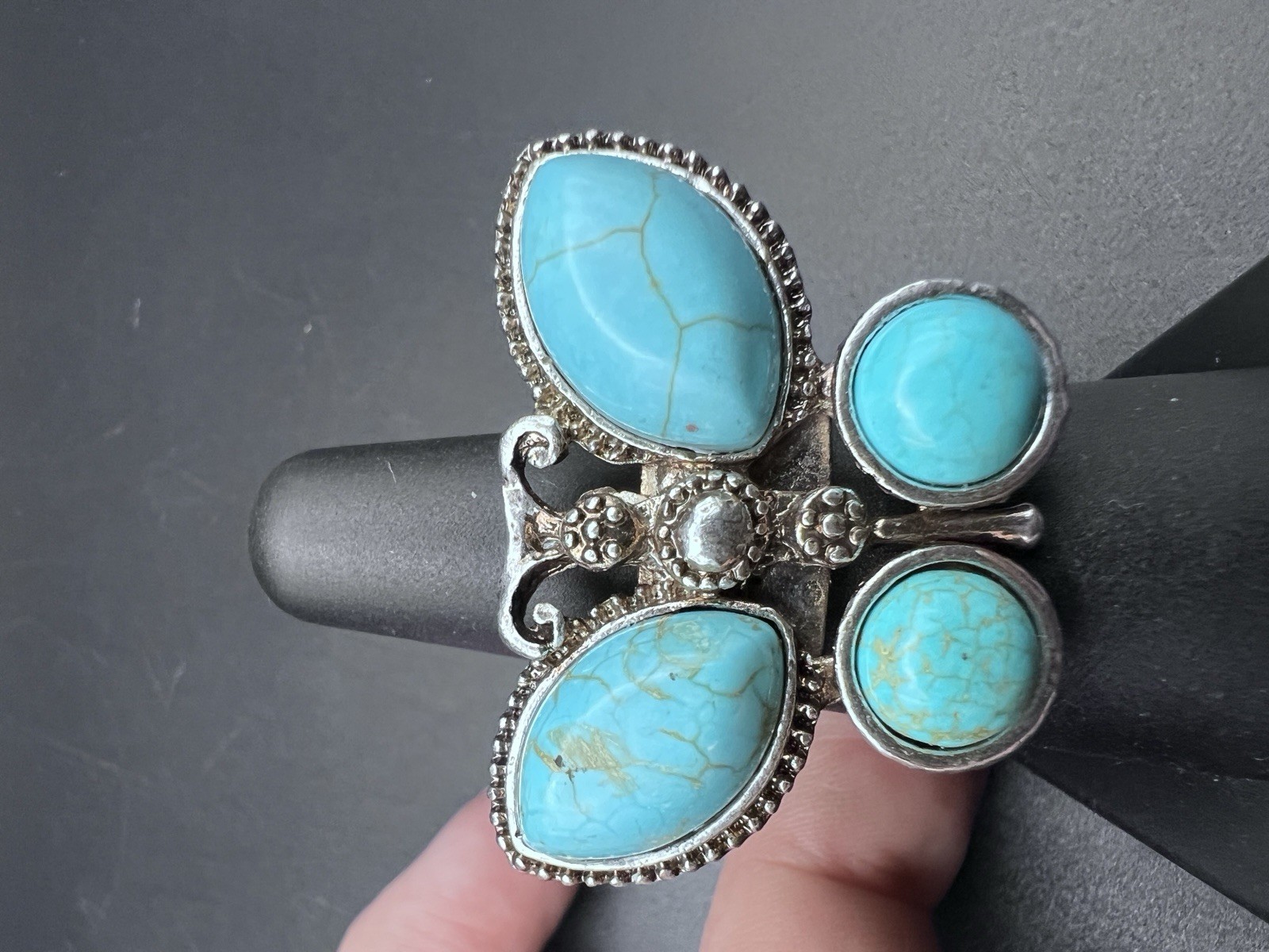 Vintage Butterfly Statement Ring Blue Cabochons Silver Tone Size 6.5