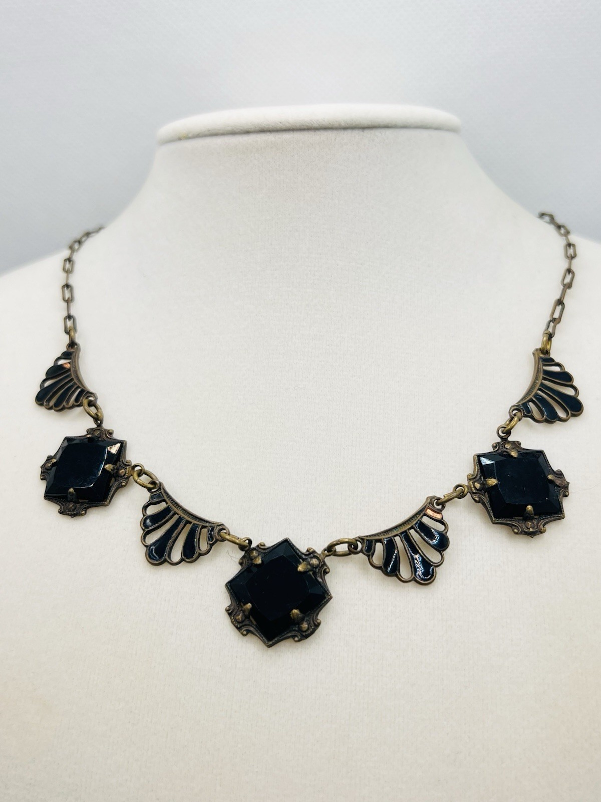 Vintage Antique Art Deco Czech Molded Glass Enamel Brass Necklace