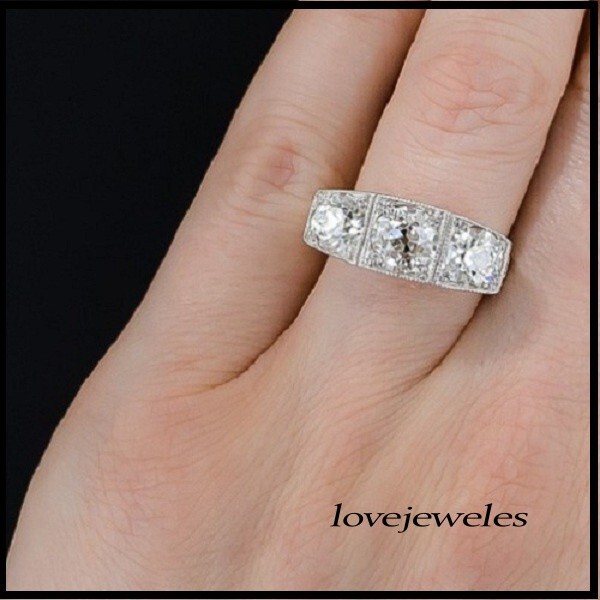 Art Deco Vintage 1.55CT Lab-Created Round Cut 3-Stone Ring 14K White Gold Finish