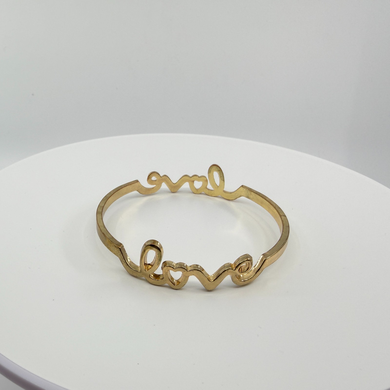 Gold Tone Love Script Bangle Bracelet Heart Detail Word Art Minimalist Stackable