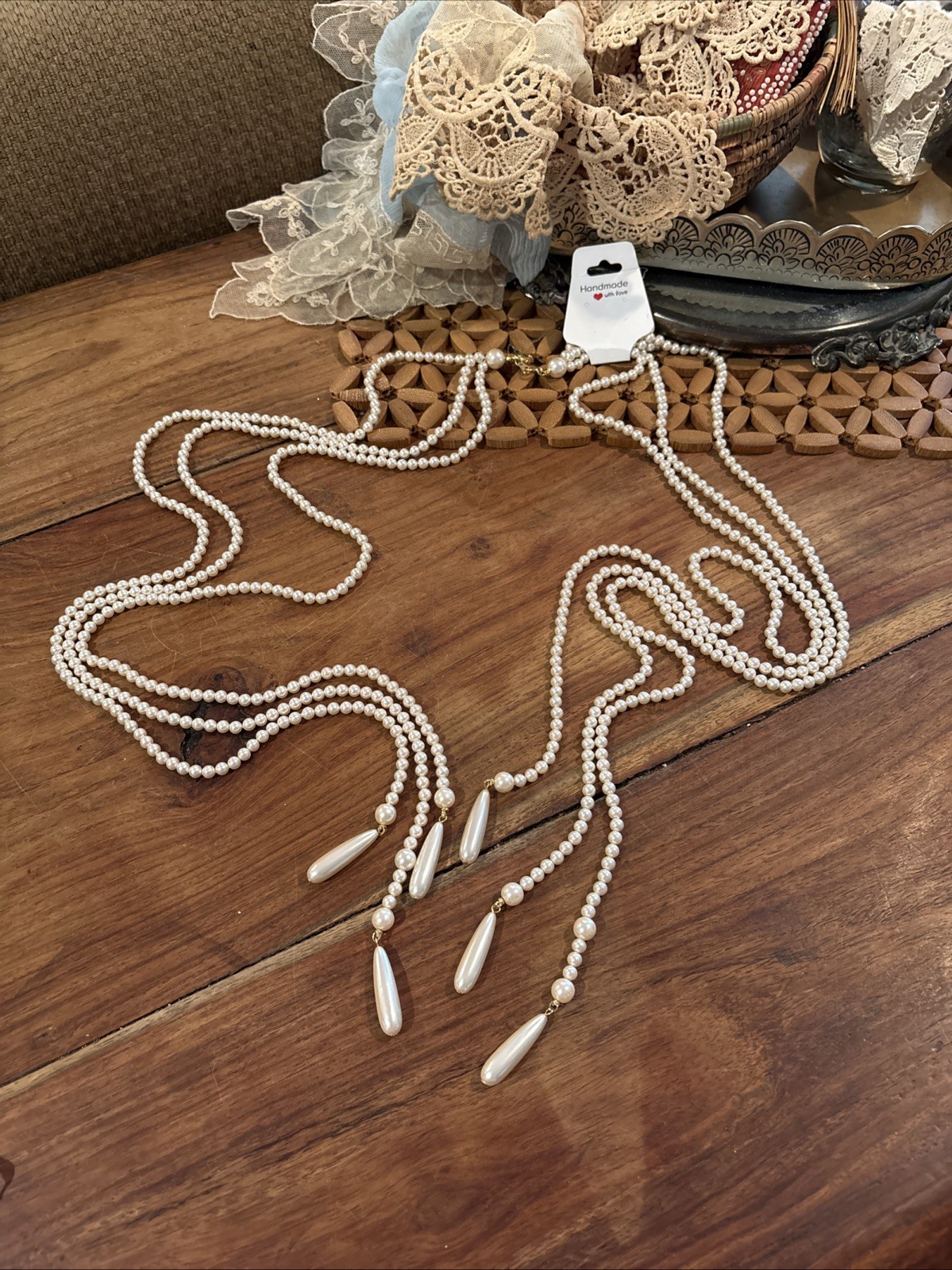 Open Ended Faux Pearl Necklace Sautoir with Tassels 52″ Long New With Tags
