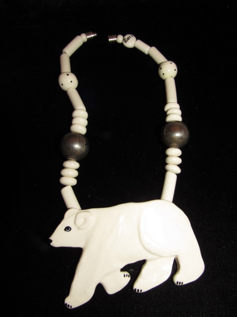 Ruby Z Ceramic Necklace Polar Bear Hand Painted Design. Signed Bean Finneran