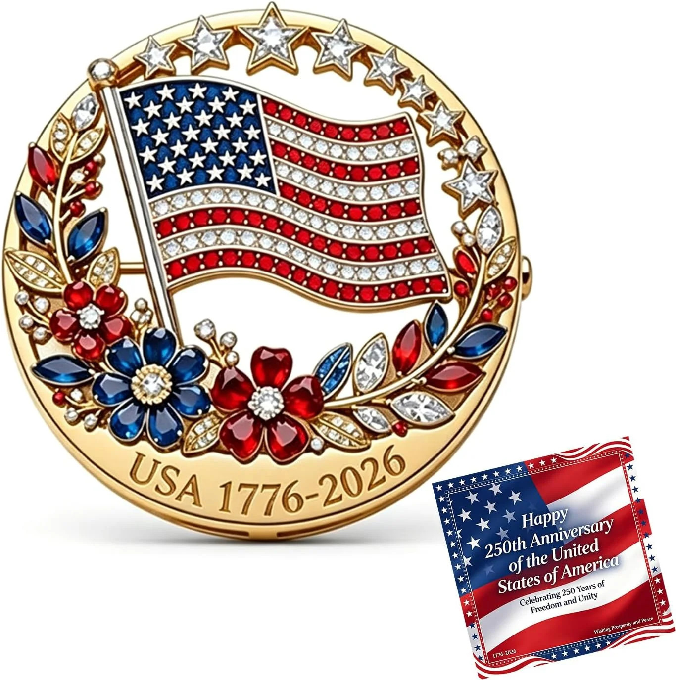 250th Anniversary Enamel Brooch Pin, 1776-2026 Patriotic Floral Star Badg Americ