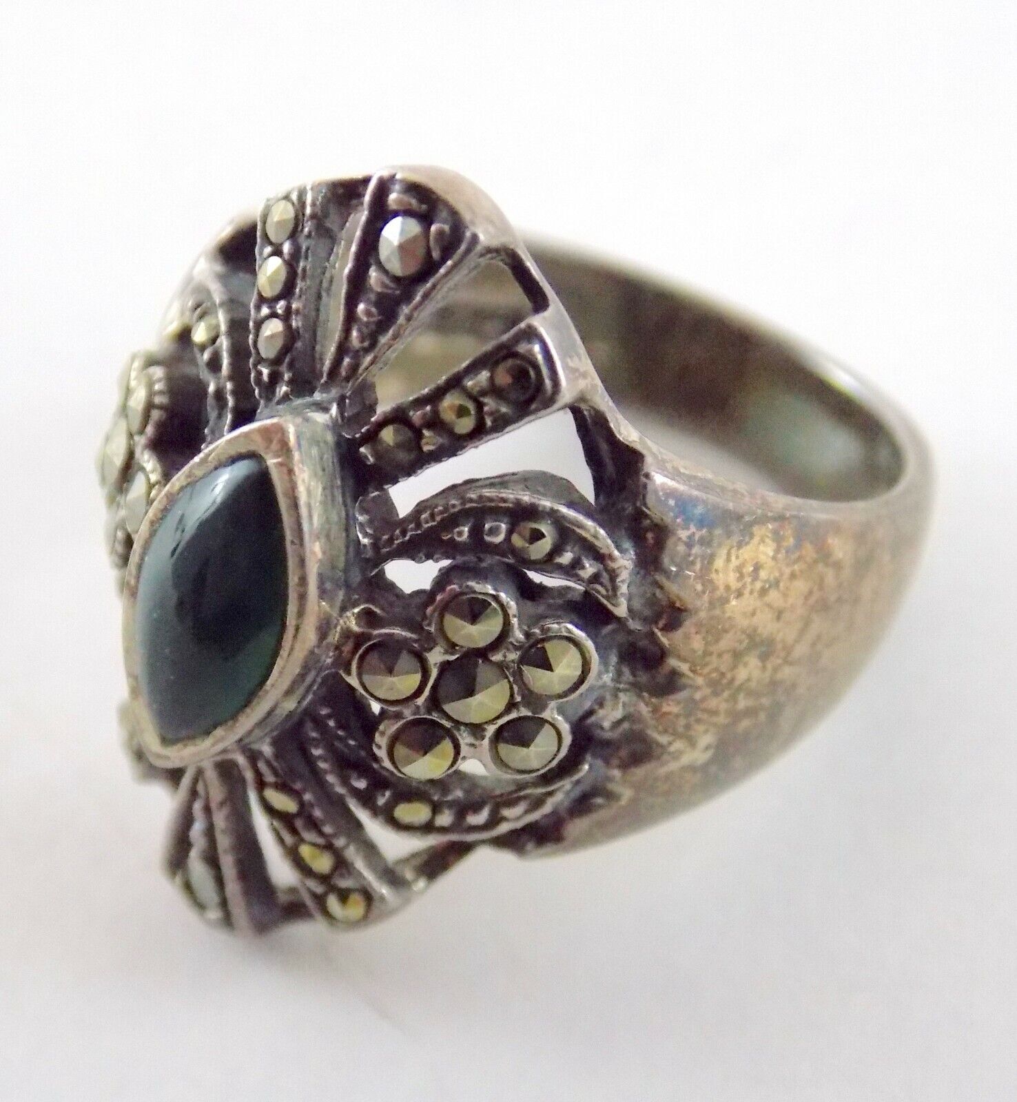 ND Sterling Silver Marcasite and Green Onyx Floral Ring 925 Size 7 Flower Theme