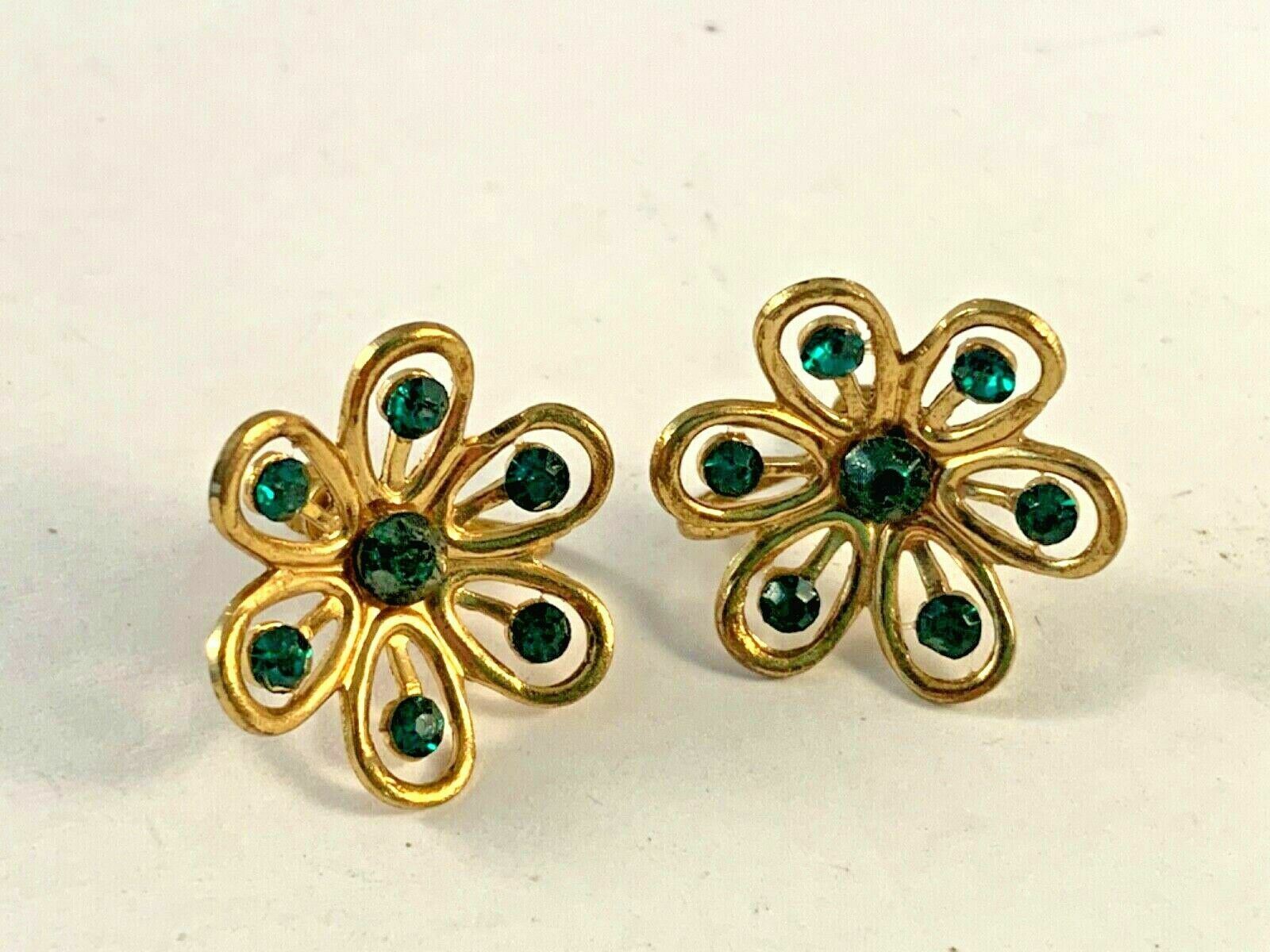 Earrings Screw Back Flowers Green Stones Gold Tone Vintage Huggies Granny Core