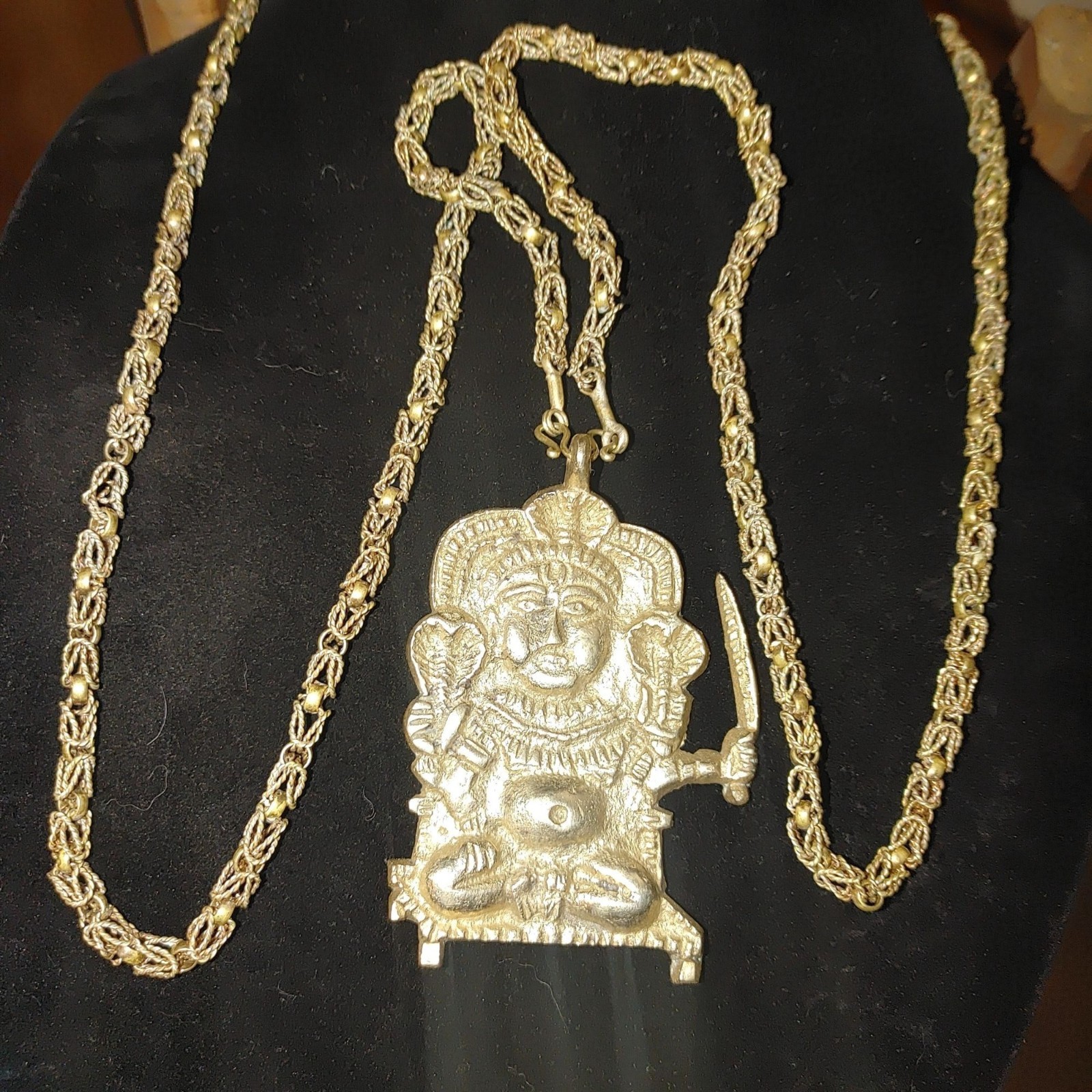 Hindu Goddess Pendant Necklace Long 44′ Vintage Brass Chain Mark India Sarna