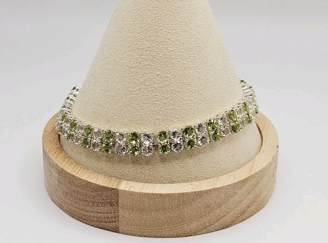 Sterling Silver Peridot & White Spinel Double Strand Tennis Bracelet 8.25″