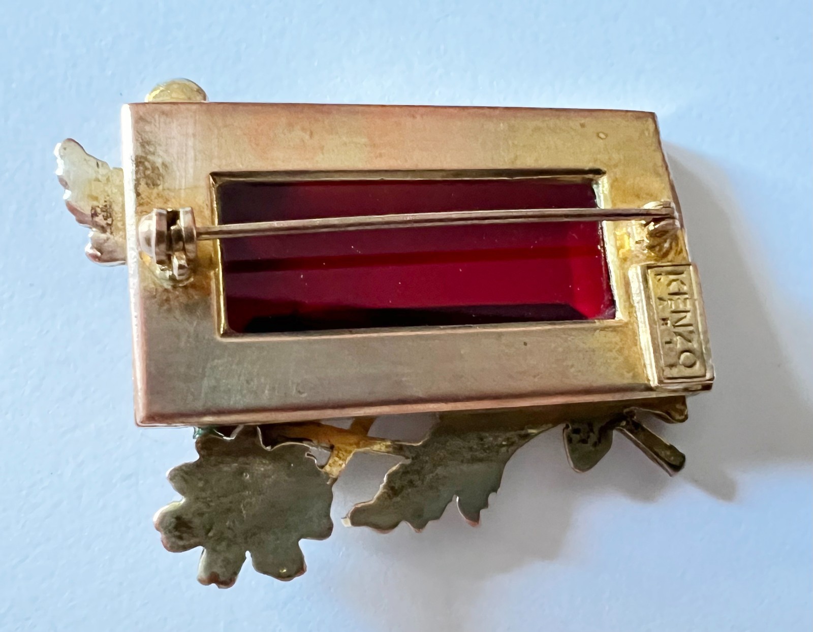 c1980s Authentic Vintage KENZO Paris Designer Deep Red Crystal Flower Brooch