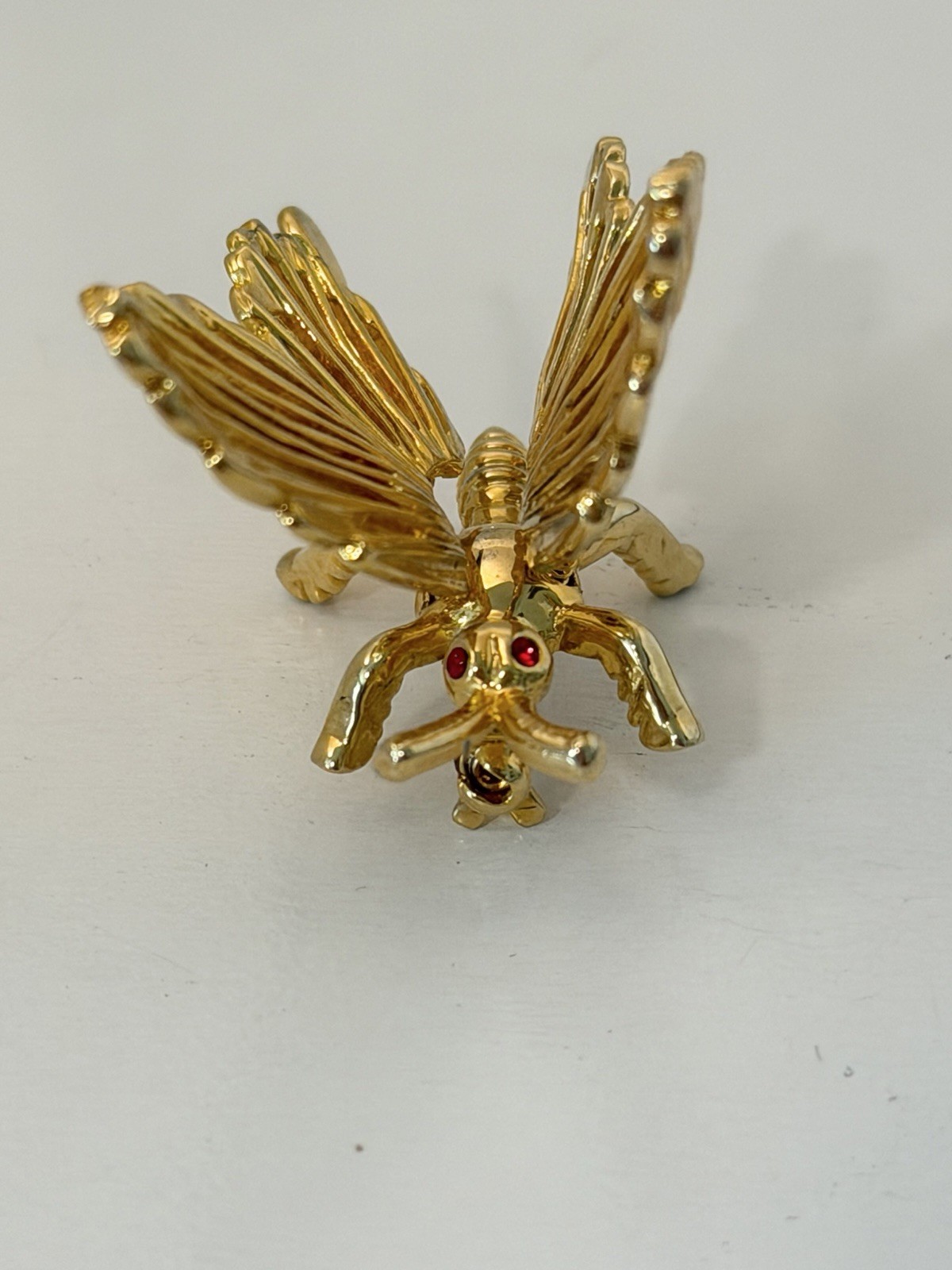 Vtg Gold Plated Butterfly Trembler Brooch MCM Red Rhinestone Eyes Signed 1.75”