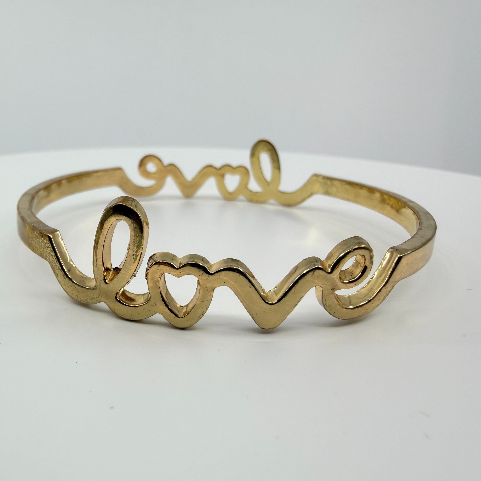 Gold Tone Love Script Bangle Bracelet Heart Detail Word Art Minimalist Stackable