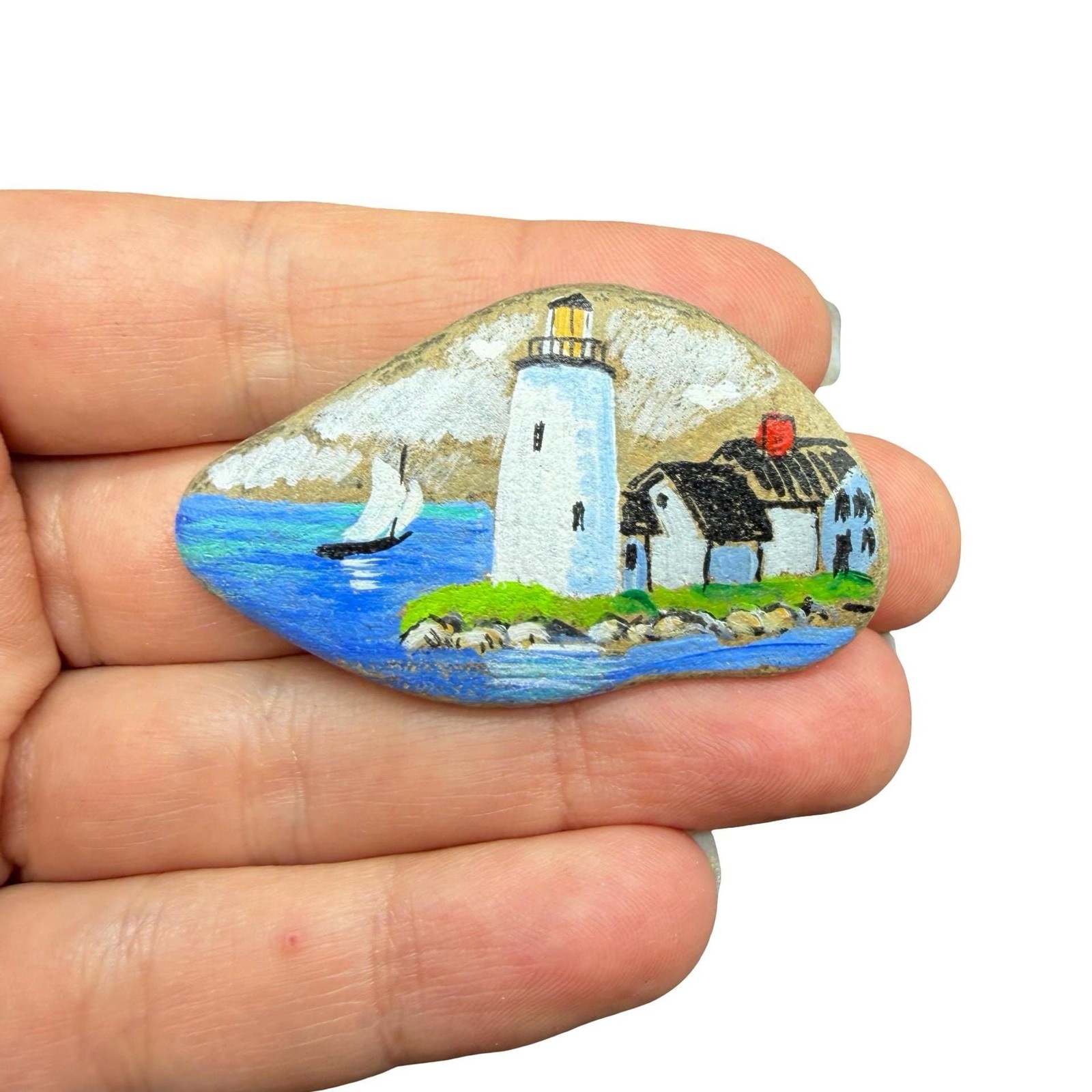 Odette lighthouse painted rock brooch pin Great Lakes painted rock jewelry