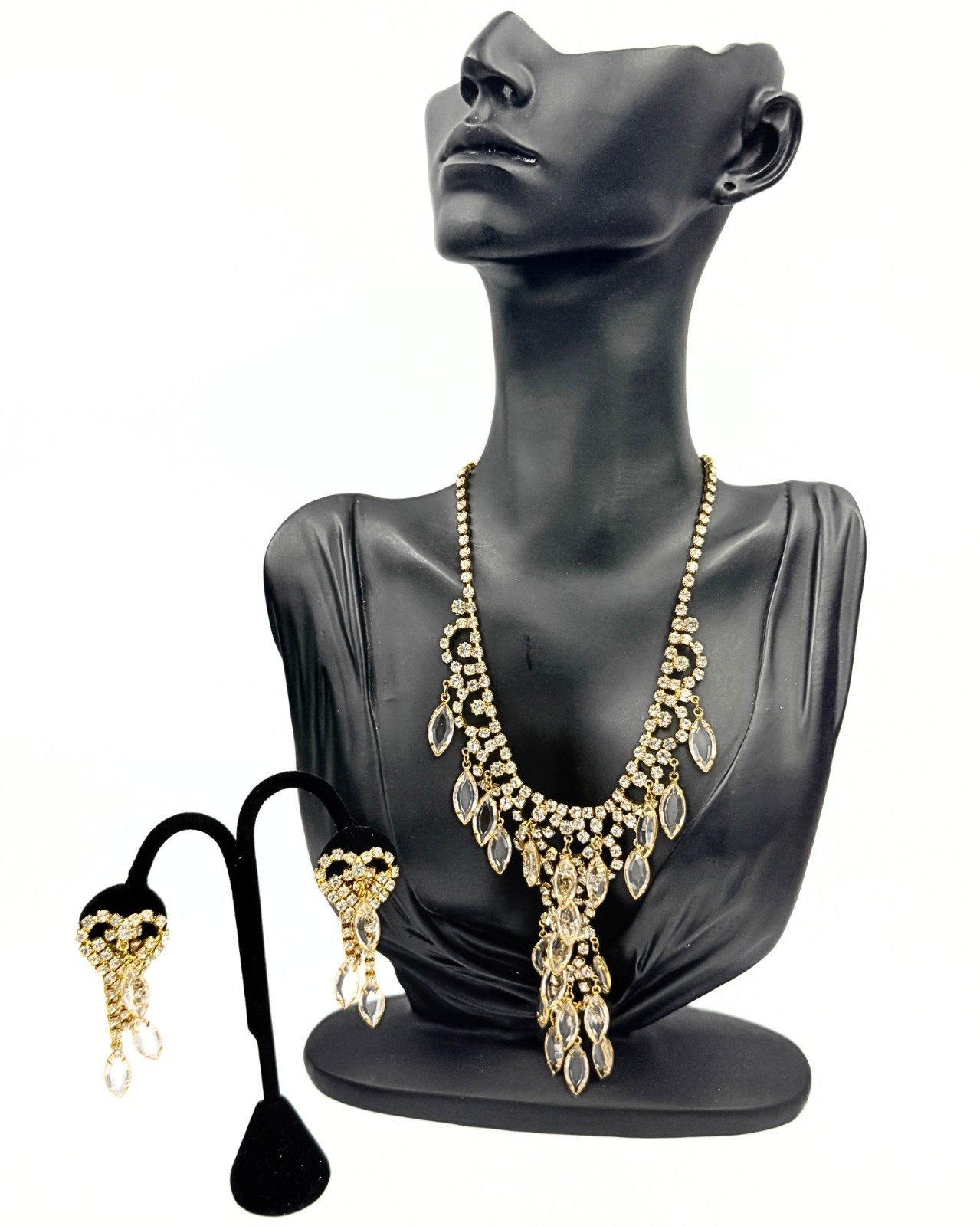 Vintage Juliana DeLizza Elster Waterfall Plated Marquise Necklace Earrings Set