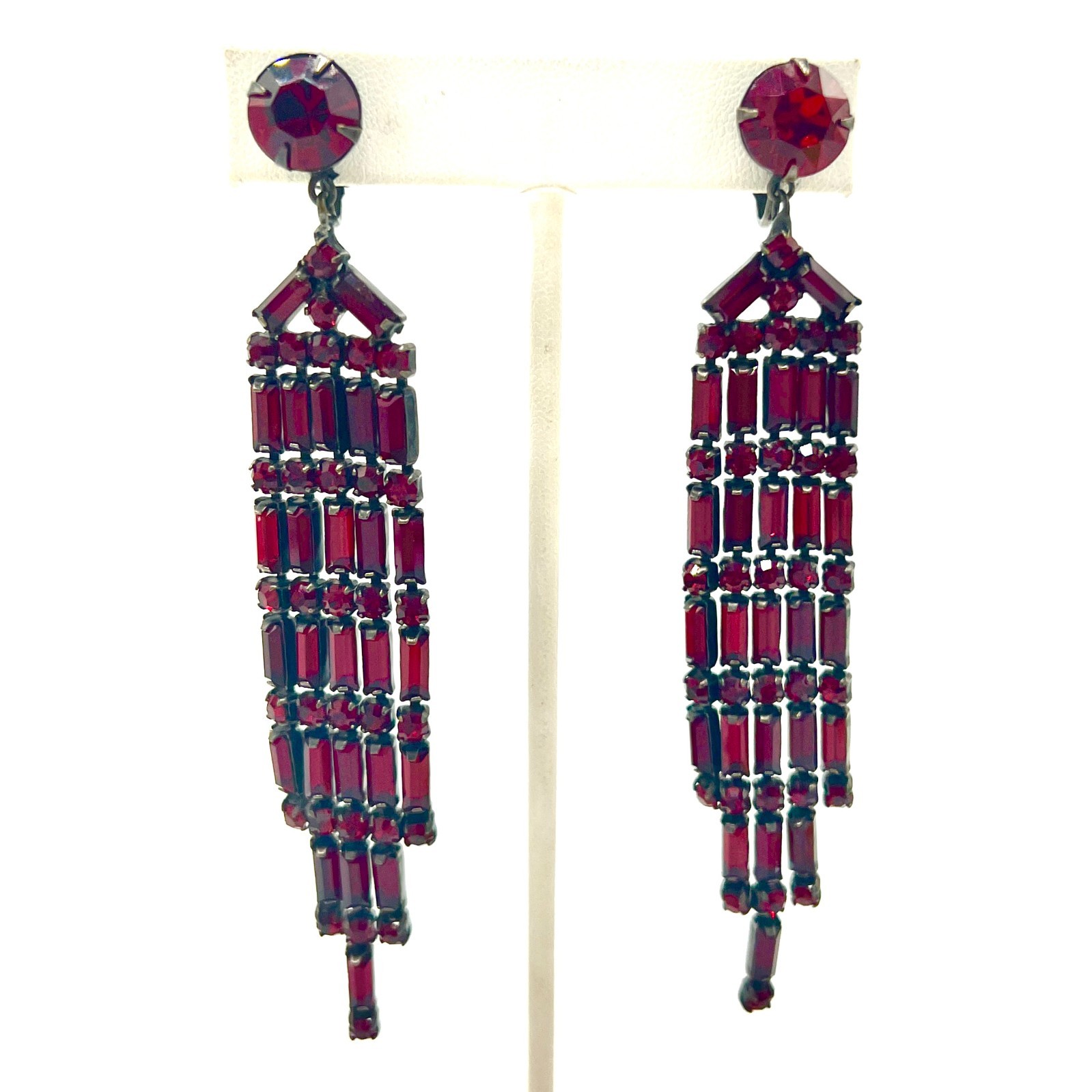 Vintage Early Kenneth Jay Lane Red Rhinestone Chandelier Earrings Japanned Metal