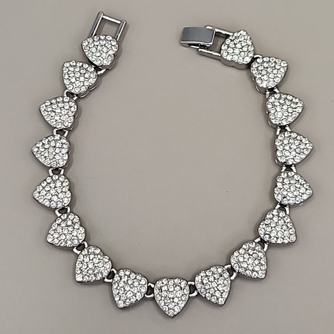 Vintage Heart Bracelet Pave Clear Rhinestones Silver Tone Linked 7.25″
