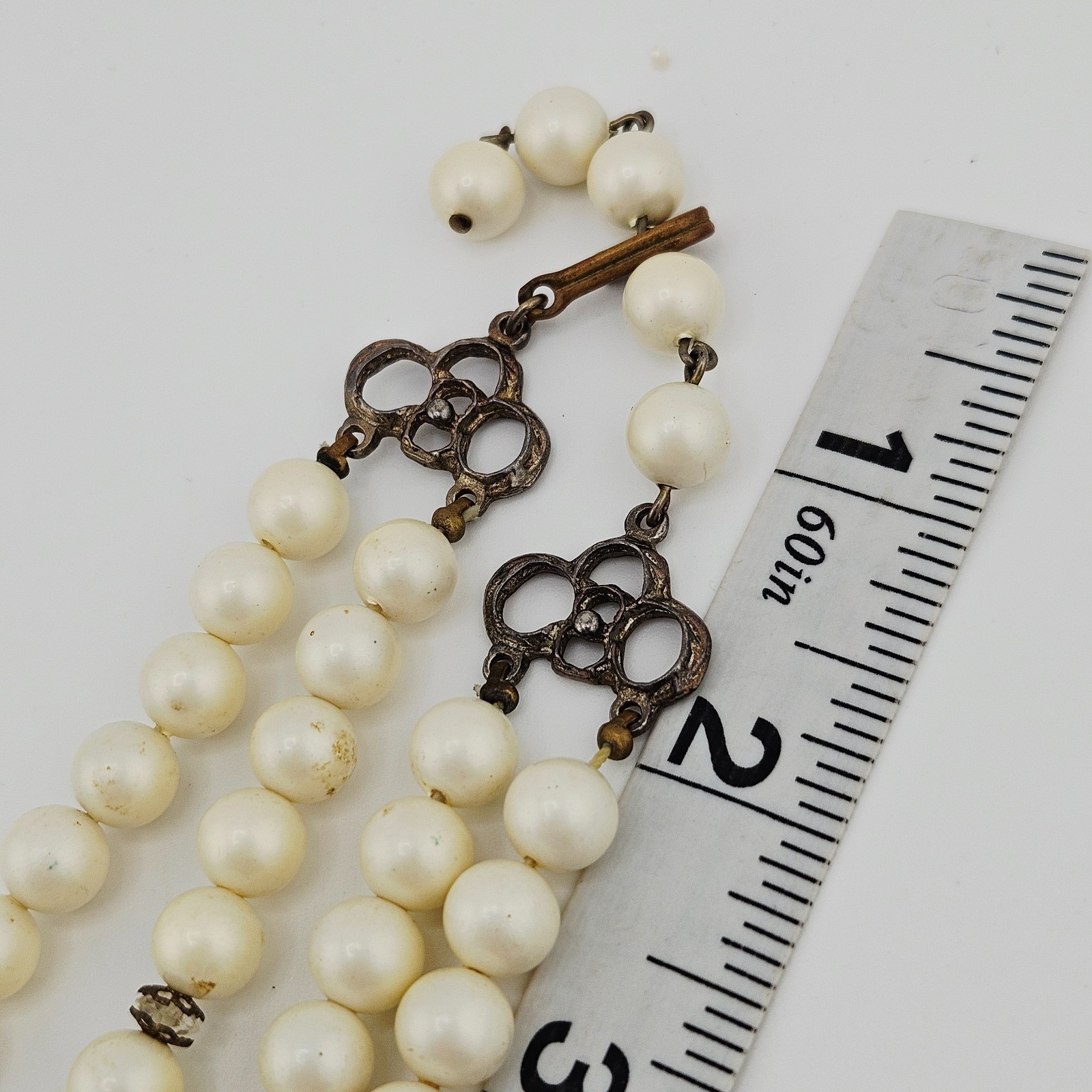 Vintage Double Strand Faux Pearl Necklace Adjustable Hook Clasp 1950s