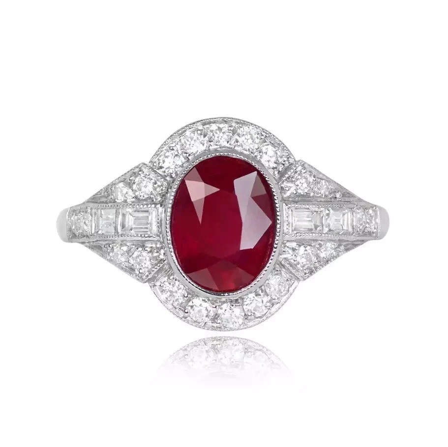 3Ct Art Deco Style Oval Cut Lab Created Ruby Halo Wedding 14K White Gold FN Ring