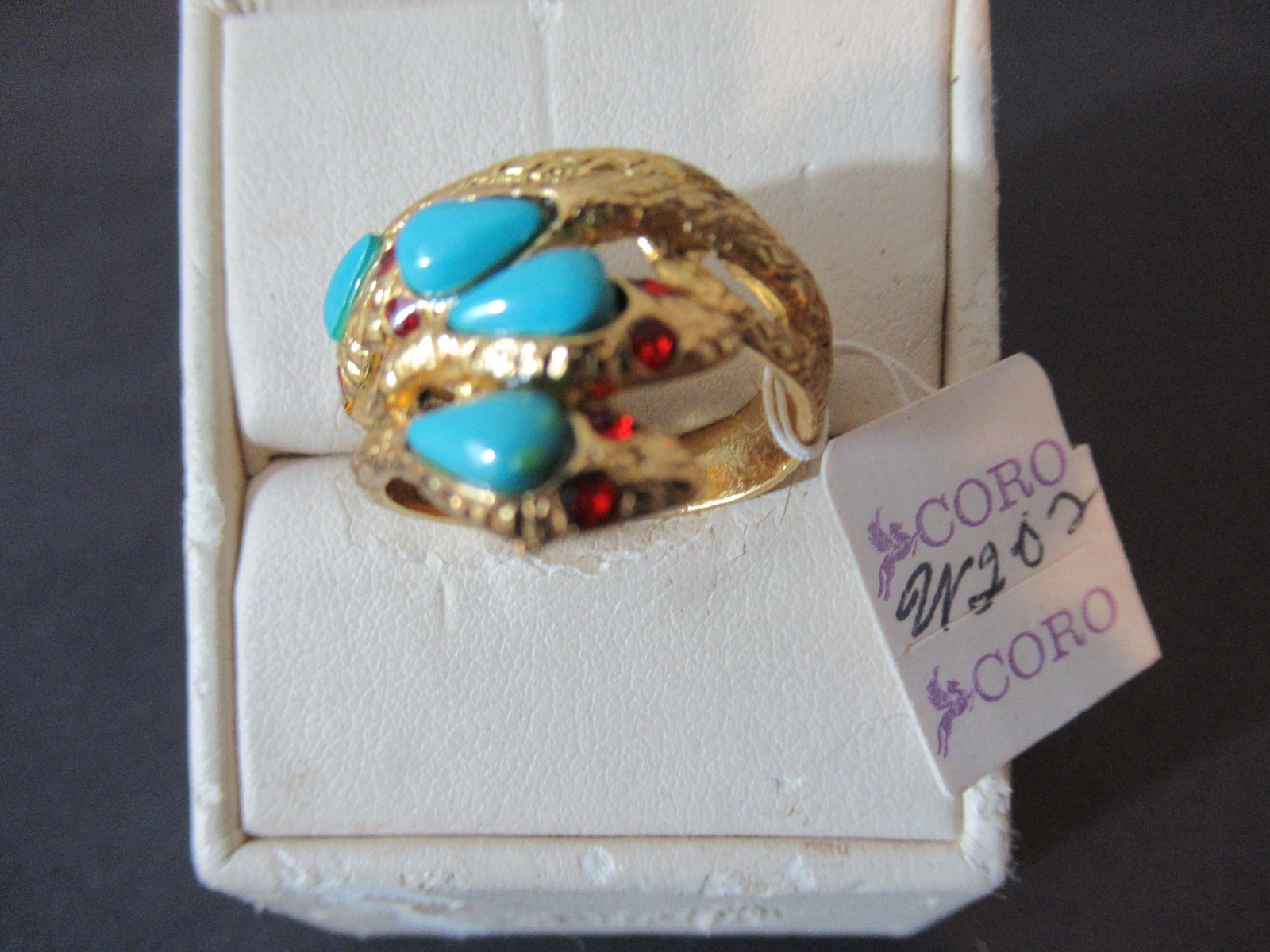 Coro Brushed Gold Tone Snake Ring Blue Stone Red Rhinestone Eyes NOS size 7.5