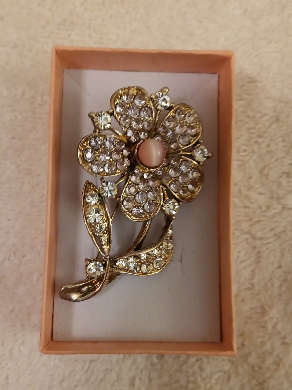 Vtg English Rose Rhinestone Brooch/Pin Pink/ Faux Pink Corral Gold Tone Beautifu