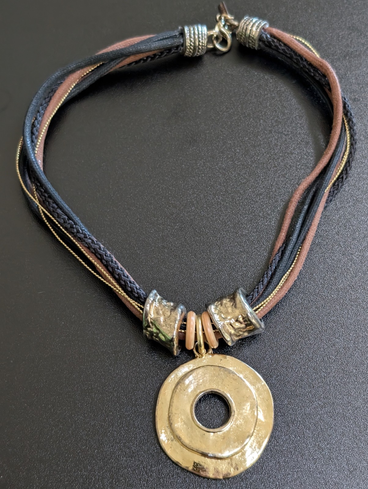 Casual Corner Vintage Multi Strand Cord Gold Tone Disc Pendant Statement…