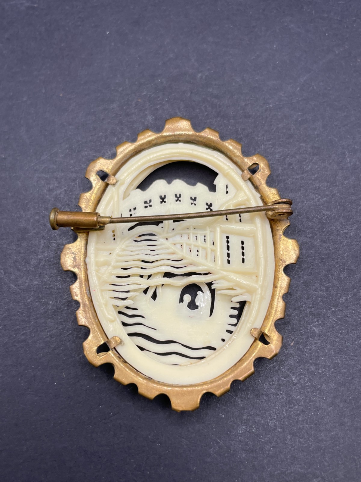 Vintage Art Deco Carved Celluloid Venice Scene Brooch Cameo
