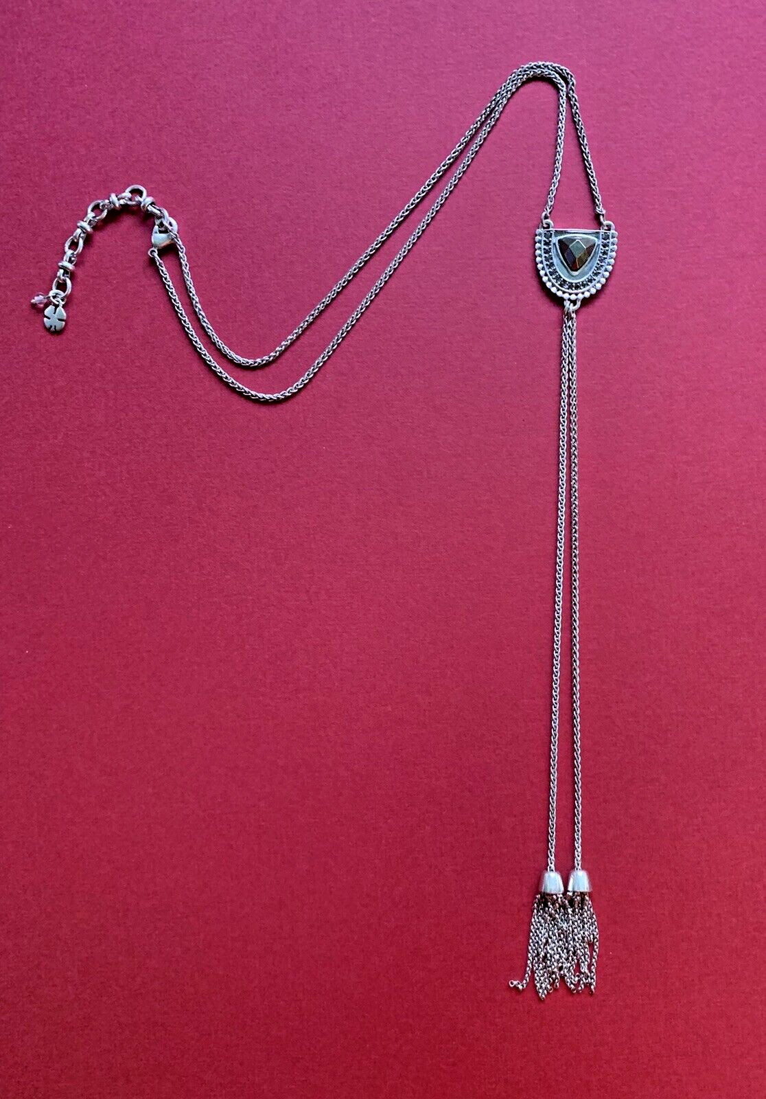 Vintage Y2K Lucky Brand Hematite Long Multi Chain Tassel Faux Marcasite Necklace