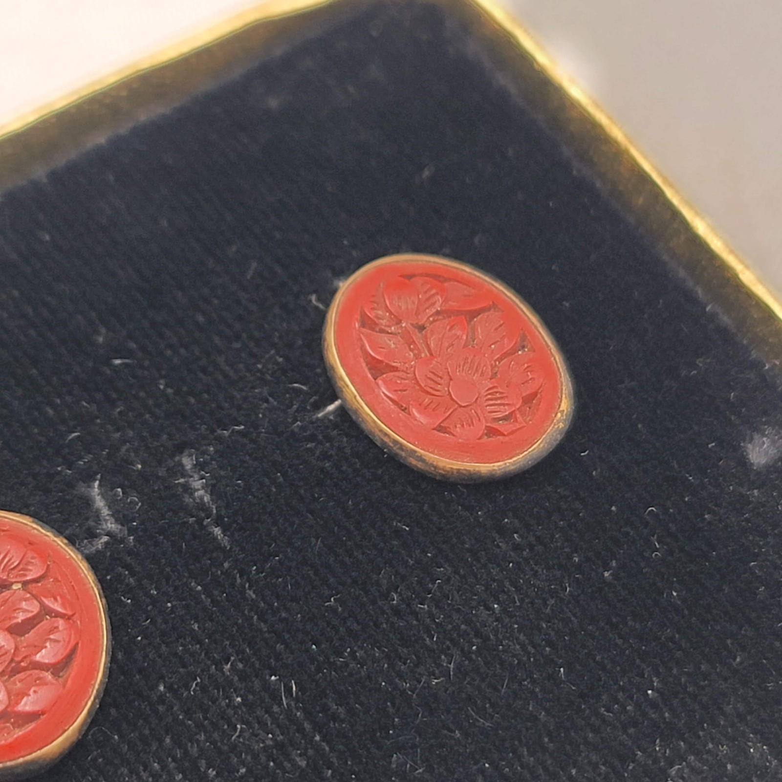 Sterling Silver Gold Vermeil Red Cinnabar Flower Pierced Earrings Oval 1/2″