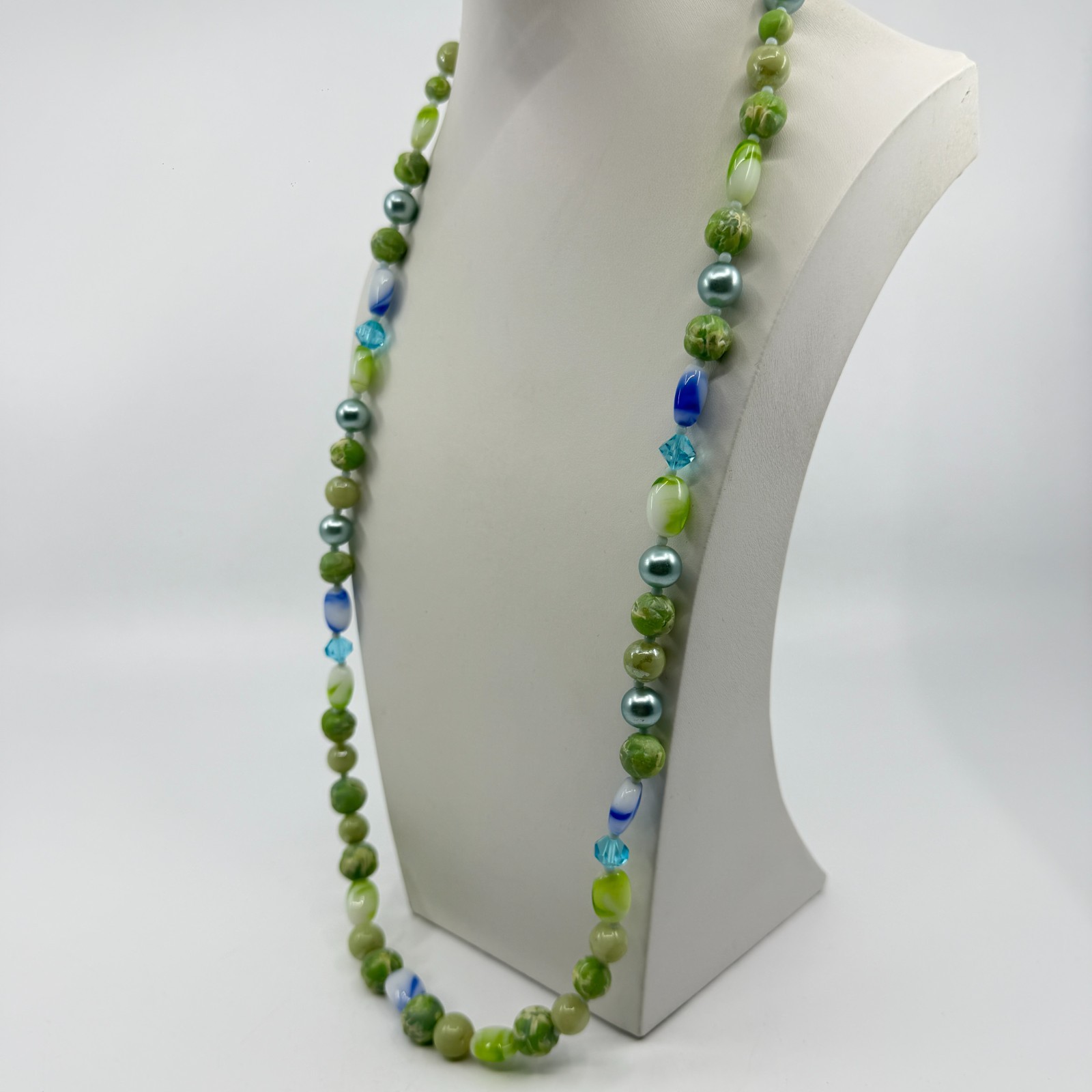 Green & Blue Bead Statement Necklace Boho Layering Jewelry Unique Beachy Gift
