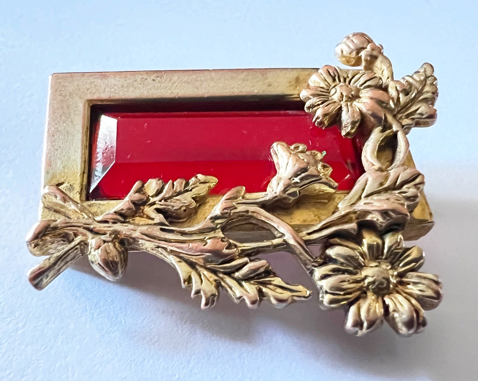 c1980s Authentic Vintage KENZO Paris Designer Deep Red Crystal Flower Brooch