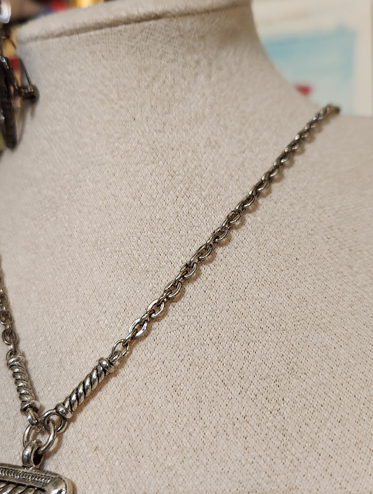 Napier Silver Tone Patterned Rectangular Stationary Pendant Necklace