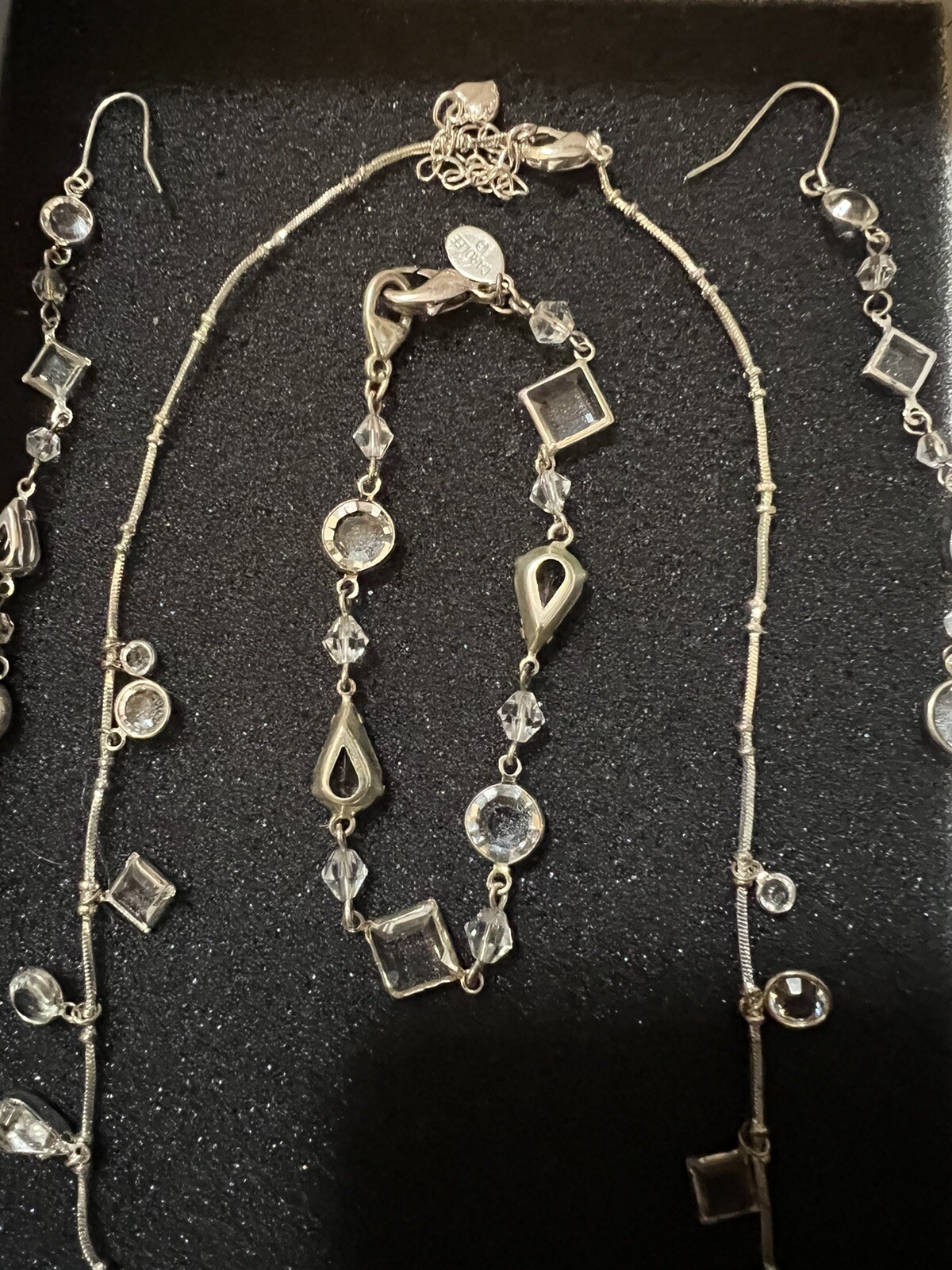 CAROLEE SILVERTONE BEZEL SET CRYSTAL NECKLACE BRACELET AND 3” Dangle Earrings