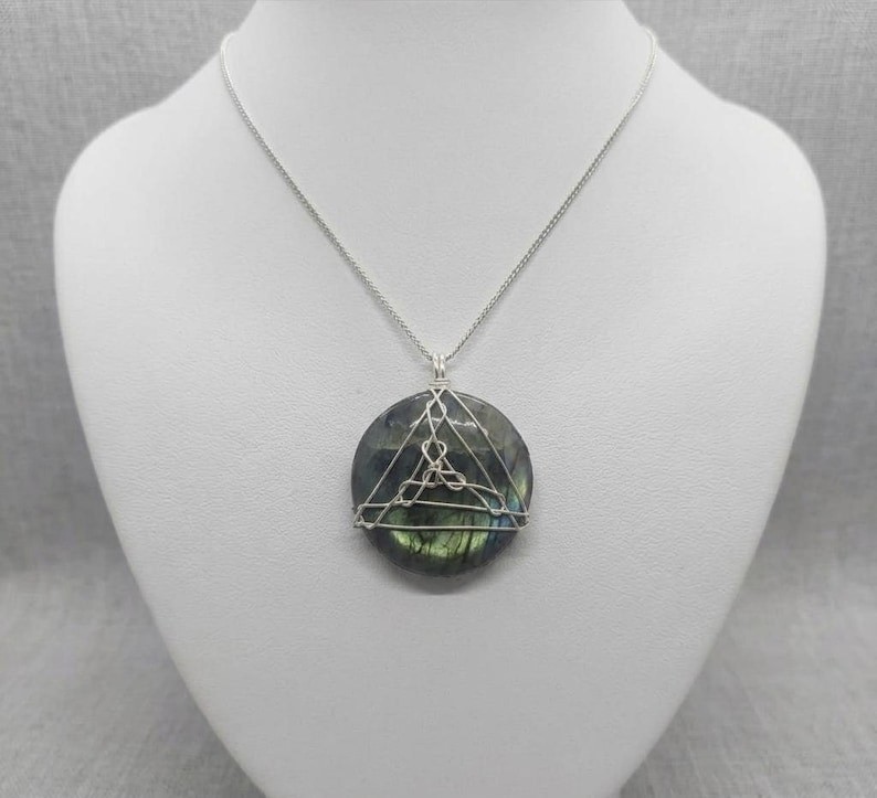 Natural Labradorite Pendant, Silver Wire Wrap Cabochon, Mystic Flash Gemstone