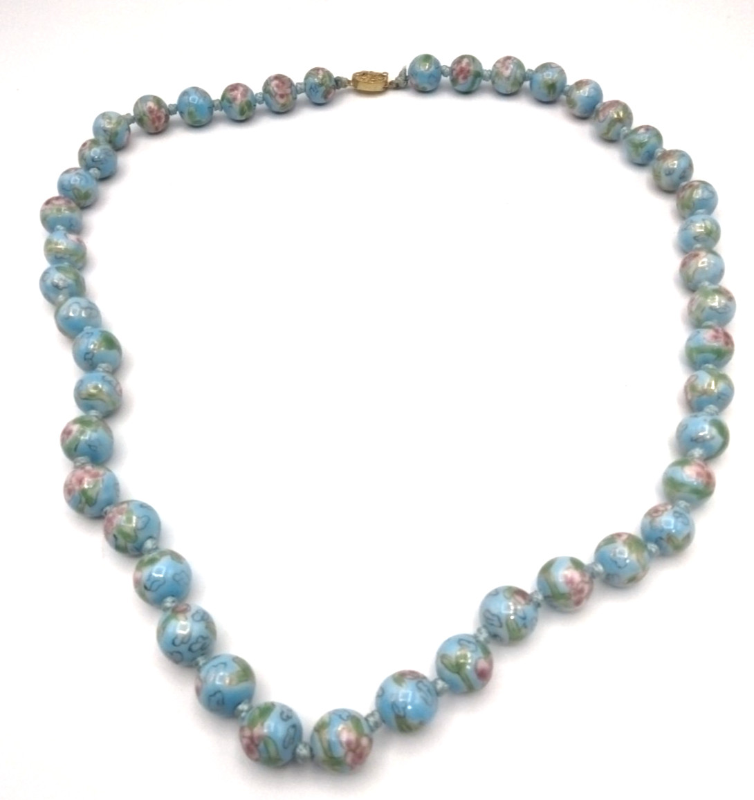 Vintage Hand Painted Faux Cloisonne Porcelain Bead Knotted Necklace Blue 25″