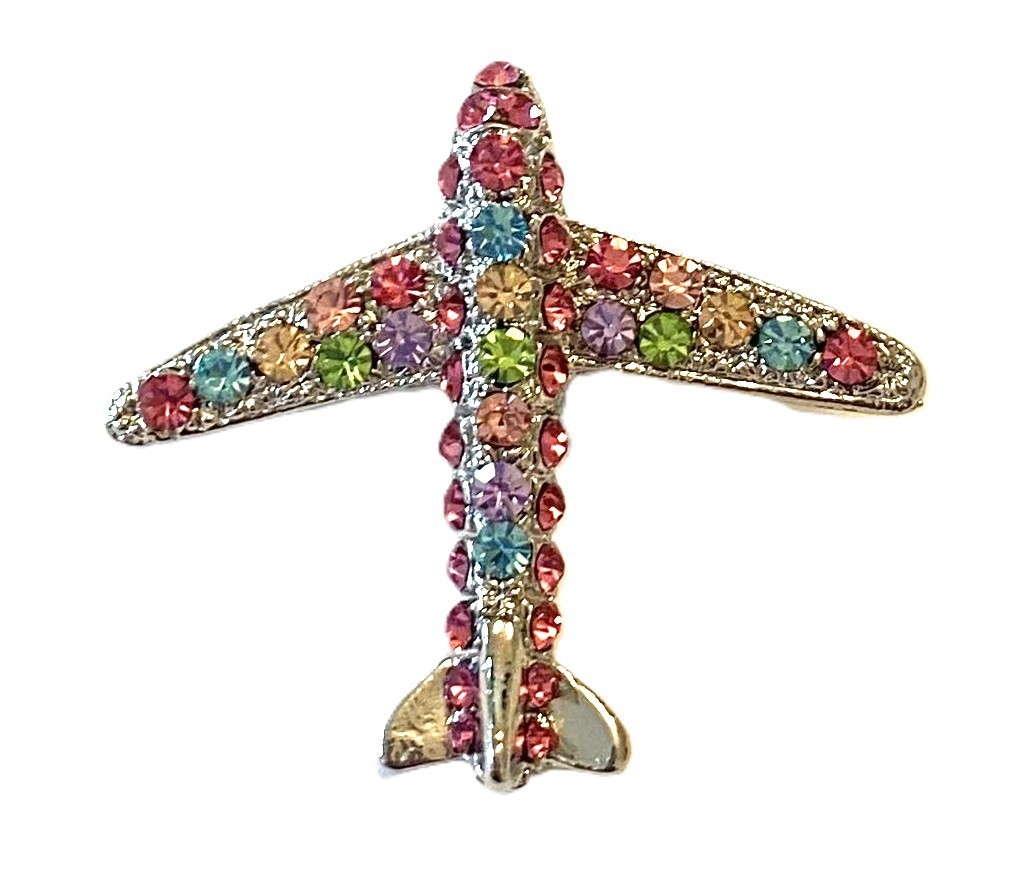 PLANE BROOCH! Signed Figural Pin!Rainbow Multi-Color Crystal Plane!Silver Plated