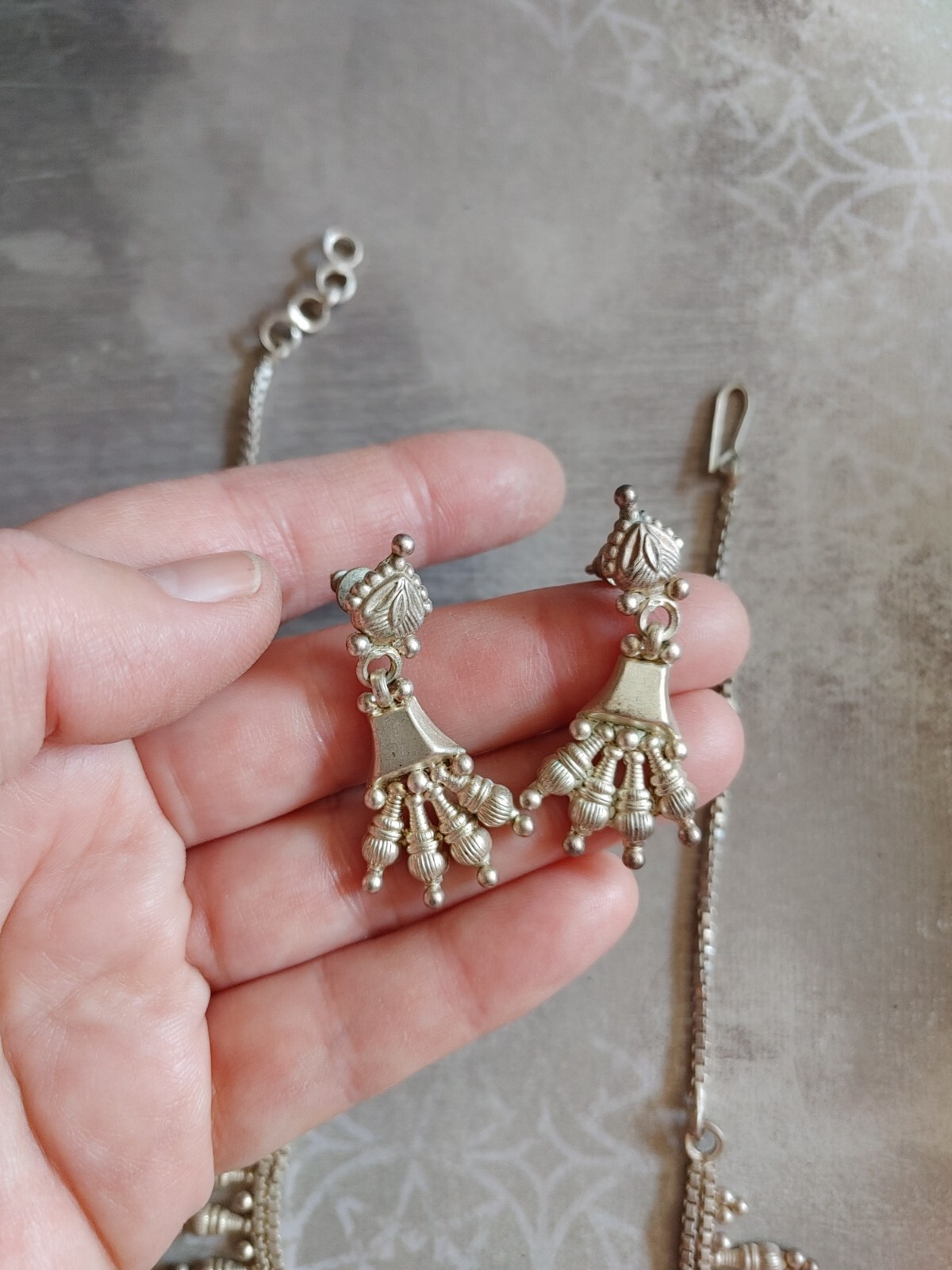 Vintage necklace earrings SET India style silver alloy not sterling lightweight